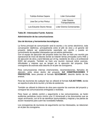 93
Yubitza Andrea Capera Líder Comunidad
Jose De La Hoz Pertuz
Líder Gremio
Transportadores
Luis Eduardo Osorio Henao Líder Gremio Comerciantes
Tabla 26 - Interesados Fuente: Autores
Administración de las comunicaciones
Uso de técnicas y herramientas tecnológicas
La forma principal de comunicación será la escrita y vía correo electrónico, toda
conversación telefónica, principalmente entre el jefe de obra y el gerente del
proyecto deberá ser posteriormente soportada por escrito y puesta en
conocimiento de aquellos interesados que se estime pertinentes.
Con el equipo de ejecución del proyecto todos los días se hará una reunión pre
operacional de inicio de labores donde se tratarán temas principales como HSE y
de ejecución de obra y será liderada por el Ing. residente de obra y el profesional
SISO del proyecto. También se hará una reunión mensual sobre avances,
dificultades y mejoras que se tengan en la ejecución del proyecto. Este
cronograma de avances está descrito en el plan de cronograma.
Para comunicaciones internas (memorandos, recomendaciones, llamados de
atención, entre otros) dentro del proyecto, ILE CONSTRUCCIONES Y
PROYECTOS, tiene previsto el formato ILE-COM-INT, descrito dentro de los
anexos.
Para las reuniones de cualquier tipo se utilizará el formato ILE-ACT-RNN, donde
se soporta el acta de la reunión y la lista de asistencia.
También se utilizará la bitácora de obra para soportar los avances del proyecto y
consignar las comunicaciones entregadas o recibidas.
Para hacer un debido control y seguimiento a las comunicaciones, se harán
auditorías periódicas (como minino una (1) bimensual) a los documentos que se
vayan archivando, con el fin de identificar oportunidades y mejoras y los planes de
acción necesarios para cubrir las novedades halladas.
Los cronogramas de reuniones de seguimiento con los interesados, se relacionan
en el plan de cronograma.
 
