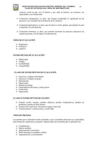 INSTITUCIÓN EDUCATIVA NUESTRA SEÑORA DEL CARMEN
PLAN DE ESTUDIOS DEL ÁREA DE MATEMÁTICAS
19
contexto social en que vive el alumno y por ende su historia, sus intereses, sus
capacidades y sus limitaciones.
Evaluación interpretativa, es decir, que busque comprender el significado de los
procesos y los resultados de la formación de los alumnos.
Evaluación participativa, es decir, que involucre a varios agentes, que propicie la auto
evaluación y la coevaluación.
Evaluación formativa, es decir, que permita reorientar los procesos educativos de
manera oportuna, a fin de lograr su mejoramiento.
TIPOS DE EVALUACIÓN
Diagnóstica
Formativa
cognitiva
INSTRUMENTOS DE EVALUACIÓN
Objetividad
Validez
Confiabilidad
Asequibilidad
CLASES DE INSTRUMENTOS DE EVALUACIÓN
Ejercicios y trabajos individuales
Ejercicios y trabajos en grupo
Participación
Observación
Hábitos de trabajo
Capacidad de reflexionar y emitir juicios
Creatividad
Negociación
CLASES E INSTRUMENTOS DE EXAMEN
Examen escrito: ensayos, pruebas objetivas, pruebas interpretativas, pruebas de
problemas, pruebas de libro abierto.
Examen oral: exposición, discusión en grupo, entrevista
Examen práctico: construcciones y creatividad.
TIPOS DE PRUEBAS
Las pruebas que se aplicarán estarán orientadas a que el estudiante demuestre sus capacidades
para interpretar, argumentar y proponer. Algunos tipos de las pruebas que se aplicarán son:
Completación.
Opción múltiple.
Apareamiento o asociación.
Doble alternativa (verdadera y falsa).
Argumentación y razonamiento.
 