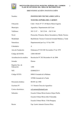 INSTITUCIÓN EDUCATIVA NUESTRA SEÑORA DEL CARMEN
PLAN DE ESTUDIOS DEL ÁREA DE MATEMÁTICAS
3
IDENTIFICACIÓN INSTITUCIÓN
Nombre: INSTITUCION TECNICA EDUCATIVA
NUESTRA SEÑORA DEL CARMEN
Ubicación: Calle 1 Norte Nº 37- 69 Barrio María Eugenia
Municipio: Aguachica Departamento del Cesar
Teléfonos: 565 13 47 - 565 32 66 - 565 53 44
Nivel: Preescolar, Primaria, Básica Secundaria y Media Técnica
Modalidad: Bachillerato Técnico Comercial Jornada Mañana y Tarde
Naturaleza: Departamental por Ley 115 de 1994
Calendario: A
Acta de Fundación: Ordenanza Nº 032 DE Noviembre 27 de 1979
Código del DANE: 120011001047
Acreditación de estudios: Resolución Nº 282 Diciembre 01 de 2004
Jornada: Diurna
Registro Sec. de
Educación: 1200
NIT: 824004255-9
Código ICFES: 040618 Jornada de la Mañana
107086 Jornada de la Tarde
Personería Jurídica: 001891 de 1980
Escritura Nº: 111 Notaria Única de Aguachica
Correo electrónico: col.carmen@hotmail.com
Subsedes: Escuela Urbana Mixta Gustavo Rojas Pinilla
Escuela Urbana Mixta John F.Keneddy
Escuela Urbana Mixta Villa Paraguay
Rector Esp. Lemis Antonio Cáceres Pérez
 