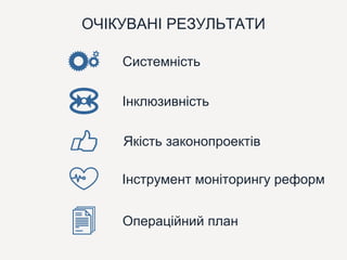 ОЧІКУВАНІ РЕЗУЛЬТАТИ
Операційний план
Системність
Інклюзивність
Якість законопроектів
Інструмент моніторингу реформ
 