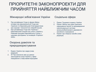 ПРІОРИТЕТНІ ЗАКОНОПРОЕКТИ ДЛЯ
ПРИЙНЯТТЯ НАЙБЛИЖЧИМ ЧАСОМ
Охорона довкілля та
природокористування
1. Кодекс України про надра (нова
редакція)
2. ЗУ Про внесення змін до деяких
законодавчих актів України у сфері
поводження з побутовими відходами
Міжнародні зобов’язання України
1. Про ратифікацію Угоди (у формі обміну
нотами) про відновлення дії Угоди між
Україною та Європейським Співтовариством
про наукове і технологічне співробітництво
2. Про ратифікацію Угоди між Україною і
Європейським Союзом про участь України у
Рамковій програмі Європейського Союзу з
наукових досліджень та інновацій «Горизонт
2020»
Соціальна сфера
1. Проект Трудового кодексу України
2. Проект Закону про єдині принципи
нарахування пенсій та запровадження
накопичувальної системи
загальнообов'язкового державного
пенсійного страхування
3. Проект про лікарські засоби (нова
редакція)
 