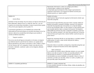 DIRECCIÓN DE EDUCACIÓN PREESCOLAR
Representar información o datos con códigos personales o
convencionales y explicar lo que significan.
Es importante que al principio los niños tengan oportunidad de
organizar la información con el apoyo de material concreto para
después pasarla a un registro gráfico
SESION 3 B
• Une las flores
Actividad en hoja de trabajo, Hay dos anexos con figuras de formas de
flores diferentes, deberán buscar su mitad de cada una, y unir de
acuerdo a la correcta (Que ensamble) un anexo es para primero grado
(10) y el otro para segundo y tercer grado (11)
La percepción geométrica es una habilidad que se desarrolla
observando la forma de las figuras; en procesos de ensayo y error, los
alumnos valoran las características de las figuras para usarlas al
resolver problemas específicos.
• Tangram numérico
Para cerrar este día de figuras se encuentra en el anexo un tangram
que deberán imprimir para formar los números con ayudas de las
figuras geométricas, este anexo se encuentra a color o blanco y negro,
con los números del 1 al 5, preguntar si tienen otra idea de como
formarlo e intentarlo, cuestionar cuales con las imágenes utilizadas
para repasar.
SESION 4 B Grafica
¿Qué haremos? Buscar forma de organizar la información al tener que
responder preguntas
Proporcionar la hoja del anexo para que el niño se apoye, explicar el
llenado de la gráfica y apoyarlo, al finalizar observar y con ayuda de
responder las preguntas que se encuentran en su hoja de trabajo.
Procure que el pequeño utilice un color distinto en cada columna para
que se pueda apreciar mejor y comparar la frecuencia Terminada la
tabla pídale que observe muy bien y pregunte lo siguiente ¿Cuál fruta
tiene más cuadritos pintados? ¿Por qué crees que pasó eso? ¿Entonces
cuál es la fruta que le gusta más a nuestra familia? ¿Cuál es la que nos
gusta menos?
Registre las respuestas del niño en una hoja blanca o reciclada, también
puede grabar un audio o video donde interprete las tablas y
Pictogramas realizados.
Interpretar datos en una tabla o pictograma y responder preguntas que
impliquen comparar la frecuencia de los datos registrados.
• Datos misteriosos
En un pedazo de cartulina colocar diferentes números con una crayola
blanca o una vela con punta, los niños con acuarelas pintarán e irán
descubriendo los números y su representación para primero es
recomendable usar pocas cantidades, por ejemplo, colocar un dos y 2
manzanas a un lado, por otro lado, colocar un cuatro y 4 palitos y así
para que ellos vayan descubriendo
SESION 3 C Carpetitas geométricas SESION 4 C Cuantas manzanas hay
En esta actividad colocarán con pinzas, fichitas, bolitas de plastilina, etc.,
la respuesta correcta
 