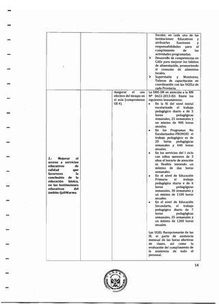 -
-
2.- Mejorar el
acceso a servicios
educativos de
calidad que
favorecen la
conclusión de la
educación básica,
en las Instituciones
educativas del
ámbito QaliWarma
Asegurar el uso
efectivo del tiempo en
el aula (compromisos
GE4).
Escolar, en cada una de las
Instituciones Educativas y
atribuirles funciones y
responsabilidades para el
cumplimiento de las
actividades programadas.
~ Desarrollo de competencias en
CAEs para mejorar los hábitos
de alimentación, promoviendo
el consumo de alimentos
locales.
~ Supervisión y Monitoreo,
Talleres de capacitación en
coordinación con las UGELs de
cada Provincia.
La DRE-SM en atención a la RM
Nº 0622-2013-ED. Emite los
siguientes lineamientos:
• En la lE del nivel inicial
escolarizado el trabajo
pedagógico diario e de S
horas pedagógicas
semanales, 25 semanales y
un minino de 900 horas
anuales.
•
•
•
•
En los Programas No
Escolarizados-PRONOEI el
trabajo pedagógico es de
20 horas pedagógicas
semanales y 640 horas
anuales.
En los servicios del 1 ciclo
con niños menores de 3
años el horario de atención
es flexible teniendo un
mínimo de dos horas
semanales.
En el nivel de Educación
Primaria el trabajo
pedagógico diario e de 6
horas pedagógicas
semanales, 30 semanales y
un minino de 1100 horas
anuales.
En el nivel de Educación
Secundaría, el trabajo
pedagógico diario de 7
horas pedagógicas
semanales, 35 semanales y
un minino de 1200 horas
anuales.
Las UGEL Recepcionarán de las
lE. el parte de asistencia
mensual de las horas efectivas
de clases, así como la
evaluación del cumplimiento de
la asistencia de todo el
personal.
14
 