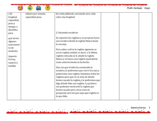 PLAN mensual: mayo
Maestra Karina 3
s de
longitud,
capacidad,
peso y
tiempo, e
identifica
para
qué sirven
algunos
instrument
os de
medición
Aspecto:
Forma,
espacio y
medida
objetos por tamaño,
capacidad, peso.
les estás pidiendo, asociando así a cada
color una longitud.
2. Haciendo escaleras
Se reparten las regletas y se propone hacer
una escalera desde la regleta blanca hasta
la naranja.
Para saber cuál es la regleta siguiente se
usa la regleta unidad, es decir, a la última
regleta colocada se le añade la regleta
blanca y se busca una regleta equivalente
como anteriormente se ha hecho.
Una vez que el niño ha construido la
escalera, le pediremos que cierre los ojos y
quitaremos una regleta. Juntamos todas las
regletas para que no se note de dónde
hemos sacado la regleta y le pediremos que
diga dónde falta una regleta. La primera
vez podemos mostrarle la regleta que
hemos sacado pero otras veces la
propuesta será sin que sepa qué regleta es
la que falta.
 