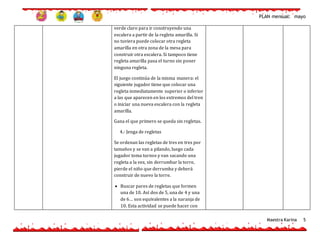 PLAN mensual: mayo
Maestra Karina 5
verde claro para ir construyendo una
escalera a partir de la regleta amarilla. Si
no tuviera puede colocar otra regleta
amarilla en otra zona de la mesa para
construir otra escalera. Si tampoco tiene
regleta amarilla pasa el turno sin poner
ninguna regleta.
El juego continúa de la misma manera: el
siguiente jugador tiene que colocar una
regleta inmediatamente superior o inferior
a las que aparecen en los extremos del tren
o iniciar una nueva escalera con la regleta
amarilla.
Gana el que primero se queda sin regletas.
4.- Jenga de regletas
Se ordenan las regletas de tres en tres por
tamaños y se van a pilando, luego cada
jugador toma turnos y van sacando una
regleta a la vez, sin derrumbar la torre,
pierde el niño que derrumba y deberá
construir de nuevo la torre.
 Buscar pares de regletas que formen
una de 10. Así dos de 5, una de 4 y una
de 6… son equivalentes a la naranja de
10. Esta actividad se puede hacer con
 