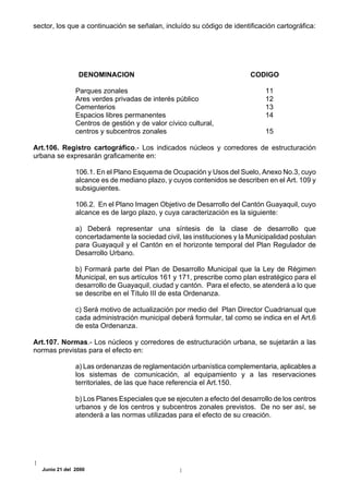 sector, los que a continuación se señalan, incluído su código de identificación cartográfica:




                DENOMINACION                                             CODIGO

               Parques zonales                                                11
               Ares verdes privadas de interés público                        12
               Cementerios                                                    13
               Espacios libres permanentes                                    14
               Centros de gestión y de valor cívico cultural,
               centros y subcentros zonales                                   15

Art.106. Registro cartográfico.- Los indicados núcleos y corredores de estructuración
urbana se expresarán graficamente en:

               106.1. En el Plano Esquema de Ocupación y Usos del Suelo, Anexo No.3, cuyo
               alcance es de mediano plazo, y cuyos contenidos se describen en el Art. 109 y
               subsiguientes.

               106.2. En el Plano Imagen Objetivo de Desarrollo del Cantón Guayaquil, cuyo
               alcance es de largo plazo, y cuya caracterización es la siguiente:

               a) Deberá representar una síntesis de la clase de desarrollo que
               concertadamente la sociedad civil, las instituciones y la Municipalidad postulan
               para Guayaquil y el Cantón en el horizonte temporal del Plan Regulador de
               Desarrollo Urbano.

               b) Formará parte del Plan de Desarrollo Municipal que la Ley de Régimen
               Municipal, en sus artículos 161 y 171, prescribe como plan estratégico para el
               desarrollo de Guayaquil, ciudad y cantón. Para el efecto, se atenderá a lo que
               se describe en el Título III de esta Ordenanza.

               c) Será motivo de actualización por medio del Plan Director Cuadrianual que
               cada administración municipal deberá formular, tal como se indica en el Art.6
               de esta Ordenanza.

Art.107. Normas.- Los núcleos y corredores de estructuración urbana, se sujetarán a las
normas previstas para el efecto en:

               a) Las ordenanzas de reglamentación urbanística complementaria, aplicables a
               los sistemas de comunicación, al equipamiento y a las reservaciones
               territoriales, de las que hace referencia el Art.150.

               b) Los Planes Especiales que se ejecuten a efecto del desarrollo de los centros
               urbanos y de los centros y subcentros zonales previstos. De no ser así, se
               atenderá a las normas utilizadas para el efecto de su creación.




  Junio 21 del 2000
 