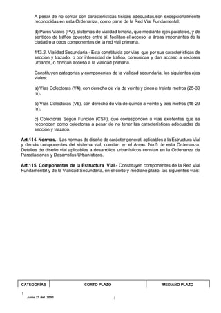 A pesar de no contar con características físicas adecuadas,son excepcionalmente
      reconocidas en esta Ordenanza, como parte de la Red Vial Fundamental:

      d) Pares Viales (PV), sistemas de vialidad binaria, que mediante ejes paralelos, y de
      sentidos de tráfico opuestos entre sí, facilitan el acceso a áreas importantes de la
      ciudad o a otros componentes de la red vial primaria.

      113.2. Vialidad Secundaria.- Está constituida por vias que por sus características de
      sección y trazado, o por intensidad de tráfico, comunican y dan acceso a sectores
      urbanos, o brindan acceso a la vialidad primaria.

      Constituyen categorías y componentes de la vialidad secundaria, los siguientes ejes
      viales:

      a) Vías Colectoras (V4), con derecho de vía de veinte y cinco a treinta metros (25-30
      m).

      b) Vías Colectoras (V5), con derecho de vía de quince a veinte y tres metros (15-23
      m).

      c) Colectoras Según Función (CSF), que corresponden a vías existentes que se
      reconocen como colectoras a pesar de no tener las características adecuadas de
      sección y trazado.

Art.114. Normas.- Las normas de diseño de carácter general, aplicables a la Estructura Vial
y demás componentes del sistema vial, constan en el Anexo No.5 de esta Ordenanza.
Detalles de diseño vial aplicables a desarrollos urbanísticos constan en la Ordenanza de
Parcelaciones y Desarrollos Urbanísticos.

Art.115. Componentes de la Estructura Vial.- Constituyen componentes de la Red Vial
Fundamental y de la Vialidad Secundaria, en el corto y mediano plazo, las siguientes vías:




CATEGORÍAS                      CORTO PLAZO                            MEDIANO PLAZO


  Junio 21 del 2000
 