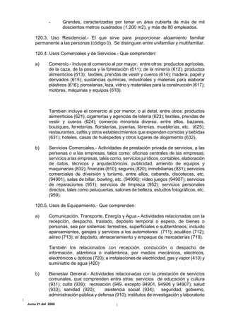 -      Grandes, caracterizadas por tener un área cubierta de más de mil
                    doscientos metros cuadrados (1.200 m2), y más de 80 empleados.

    120.3. Uso Residencial.- El que sirve para proporcionar alojamiento familiar
    permanente a las personas (código 0). Se distinguen entre unifamiliar y multifamiliar.

    120.4. Usos Comerciales y de Servicios.- Que comprenden:

    a)       Comercio.- Incluye el comercio al por mayor, entre otros: productos agrícolas,
             de la caza, de la pesca y la forestación (611); de la minería (612); productos
             alimenticios (613); textiles, prendas de vestir y cueros (614); madera, papel y
             derivados (615); sustancias químicas, industriales y materias para elaborar
             plásticos (616); porcelanas, loza, vidrio y materiales para la construcción (617);
             motores, máquinas y equipos (618).



             Tambien incluye el comercio al por menor, o al detal, entre otros: productos
             alimenticios (621); cigarrerías y agencias de lotería (623); textiles, prendas de
             vestir y cueros (624); comercio minorista diverso, entre ellos, bazares,
             boutiques, ferreterías, floristerías, joyerías, librerías, mueblerías, etc. (625);
             restaurantes, cafés y otros establecimientos que expenden comidas y bebidas
             (631); hoteles, casas de huéspedes y otros lugares de alojamiento (632),

    b)       Servicios Comerciales.- Actividades de prestación privada de servicios, a las
             personas o a las empresas, tales como: oficinas centrales de las empresas;
             servicios a las empresas, tales como, servicios jurídicos, contables, elaboración
             de datos, técnicos y arquitectónicos, publicidad, arriendo de equipos y
             maquinarias (832); finanzas (810); seguros (820); inmobiliarias (831); servicios
             comerciales de diversión y turismo, entre ellos, cabarets, discotecas, etc.
             (94901), salas de billar, bowling, etc. (94906); vídeo juegos (94907); servicios
             de reparaciones (951); servicios de limpieza (952); servicios personales
             directos, tales como peluquerías, salones de belleza, estudios fotográficos, etc.
             (959).

    120.5. Usos de Equipamiento.- Que comprenden:

    a)       Comunicación, Transporte, Energía y Agua.- Actividades relacionadas con la
             recepción, despacho, traslado, depósito temporal o espera, de bienes o
             personas, sea por sistemas: terrestres, superficiales o subterráneos, incluido
             aparcamientos, garajes y servicios a los automotores (711); acuático (712);
             aéreo (713); el depósito, almacenamiento y empaque de mercaderías (719).

             También los relacionados con recepción, conducción o despacho de
             información, alámbrica o inalámbrica, por medios mecánicos, eléctricos,
             electrónicos u ópticos (720); e instalaciones de electricidad, gas y vapor (410) y
             suministro de agua (420)

    b)       Bienestar General.- Actividades relacionadas con la prestación de servicios
             comunales, que comprenden entre otras: servicios de educación y cultura
             (931); culto (939); recreación (949, excepto 94901, 94906 y 94907); salud
             (933); sanidad (920);       asistencia social (934); seguridad, gobierno,
             administración pública y defensa (910); institutos de investigación y laboratorio
Junio 21 del 2000
 
