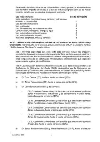 Para efecto de tal modificación se utilizará como criterio general, la admisión de un
      uso de menor impacto en un área a la que se le haya asignado usos de de mayor
      impacto, para lo cual se atenderá la siguiente jerarquía:

      Uso Predominante                                                 Grado de Impacto
      Usos extractivos (excepto minas y canteras) y otros usos
      en suelo no urbanizable                                                 1
      Uso de bienestar general                                                2
      Uso residencial                                                         3
      Uso de comercio y servicios comerciales                                 4
      Comunicación, transporte, energía y agua                                5
      Uso industrial de mediano impacto                                       6
      Uso industrial de alto impacto                                          7
      Industrias peligrosas, minas y canteras                                 8

Art.123. Modificación a la Intensidad del Uso de una Subzona en Suelo Urbanizado y
Urbanizable.- Será resuelto por el Concejo, previos informes de DPLAN-G, Asesoría Jurídica
y la Comisión de Planificación, en atención a:

      123.1. Informes específicos que para cada caso deberán realizar las entidades
      prestatarias de servicios de agua potable y alcantarillado sanitario, energía eléctrica y
      telecomunicaciones. Los informes del caso deberán incorporar los análisis de redes y
      otros componentes de los sistemas de infraestructura, en el sentido de que es posible
      o conveniente realizar tal modificación.

      123.2. La autorización de la intensificación solicitada, tanto de la densidad neta y, o el
      Coeficiente de Utilización del Suelo (CUS) establecidos por la Ordenanza de
      Edificaciones y Construcciones para una subzona, no deberá exceder los siguientes
      porcentajes de incremento respecto del máximo admisible por norma:

      a)       En Zona Central (ZC), hasta el veinte por ciento (20%).

      b)       En Zonas Pericentrales (ZP), hasta el treinta por ciento (30%).

      c)       En Corredores Comerciales y de Servicios:

               -      CC, Corredores Comerciales y de Servicios que no atraviesan y colindan
                      Zonas Residenciales, Industriales y de Equipamiento ni áreas libres,
                      hasta el cuarenta por ciento (40%).

               -      CC-R, Corredores Comerciales y de Servicio que atraviesan o colindan
                      Zonas Residenciales, hasta el treinta por ciento (30%).

               -      CC-I, Corredores Comerciales y de Servicio que atraviesan o colindan
                      Zonas Industriales, hasta el treinta por ciento (30%).

               -      CC-E, Corredores Comerciales y de Servicio que atraviesan o colindan
                      Zonas de Equipamiento, hasta el veinte por ciento (20%).

               -      CC-L, Corredores Comerciales y de Servicio que atraviesan o colindan
                      Areas Libre, hasta el veinte por ciento (20%).

      d)       En Zonas Residenciales (ZR) y Mixta Residencial (ZM-R), hasta el diez por


  Junio 21 del 2000
 
