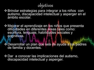 objetivos• s
Brindar estrategias para integrar a los niños con
autismo, discapacidad intelectual y asperger en el
ámbito escolar.
Mejorar el aprendizaje en los niños que presenta
dificultades en diferentes áreas tales como:
escritura, lenguaje, habilidades sociales y
cognitivas.
Desarrollar un plan que sea de ayuda a los padres
de familia y docentes.
Dar a conocer las implicaciones del autismo,
discapacidad intelectual y asperger.
 