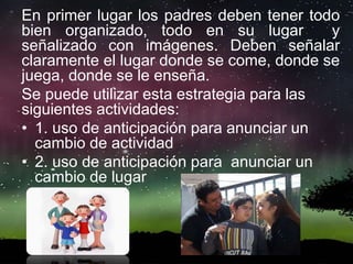En primer lugar los padres deben tener todo
bien organizado, todo en su lugar y
señalizado con imágenes. Deben señalar
claramente el lugar donde se come, donde se
juega, donde se le enseña.
Se puede utilizar esta estrategia para las
siguientes actividades:
• 1. uso de anticipación para anunciar un
cambio de actividad
• 2. uso de anticipación para anunciar un
cambio de lugar
 
