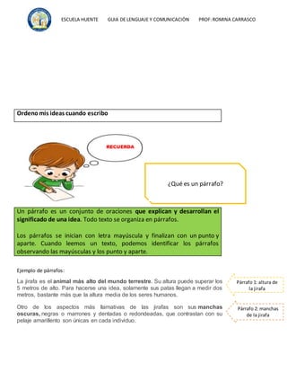 ESCUELA HUENTE GUIA DE LENGUAJE Y COMUNICACIÒN PROF:ROMINA CARRASCO
Ordenomis ideas cuando escribo
Un párrafo es un conjunto de oraciones que explican y desarrollan el
significado de una idea. Todo texto se organiza en párrafos.
Los párrafos se inician con letra mayúscula y finalizan con un punto y
aparte. Cuando leemos un texto, podemos identificar los párrafos
observando las mayúsculas y los punto y aparte.
Ejemplo de párrafos:
La jirafa es el animal más alto del mundo terrestre. Su altura puede superar los
5 metros de alto. Para hacerse una idea, solamente sus patas llegan a medir dos
metros, bastante más que la altura media de los seres humanos.
Otro de los aspectos más llamativas de las jirafas son sus manchas
oscuras, negras o marrones y dentadas o redondeadas, que contrastan con su
pelaje amarillento son únicas en cada individuo.
¿Qué es un párrafo?
RECUERDA
Párrafo 1: altura de
la jirafa
Párrafo 2: manchas
de la jirafa
 