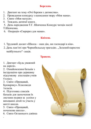 Березень
1. Диктант на тему «Очі бережи з дитинства».
2. Проведення конкурсу з написання твору «Моя мама».
3. Свято «Моя матуся».
4. Тиждень дитячої книги .
5. День народження Т.Г. Шевченка Конкурс читців поезії
Т.Шевченка.
6. Операція «Сюрприз для мами».
Квітень
1. Трудовий десант «Школа – наш дім, ми господарі в нім».
2. День пам’яті про Чорнобильську трагедію. „Зелений паросток
майбутнього”- акція.
Травень
1. Диктант «Будь уважний
на дорозі».
2. Ознайомлення батьків з
інструкцією про державну
підсумкову атестацію учнів
4 класу.
3. Свято «Прощавай,
Букварику». Класоводи
1класів.
4. Підготовка списків
батьків для заохочення їх
листами подяки за успіхи у
вихованні дітей та участь у
житті школи.
5. Свято «Прощавай,
початкова школа» .
6. Свято Останнього дзвінка
.
 