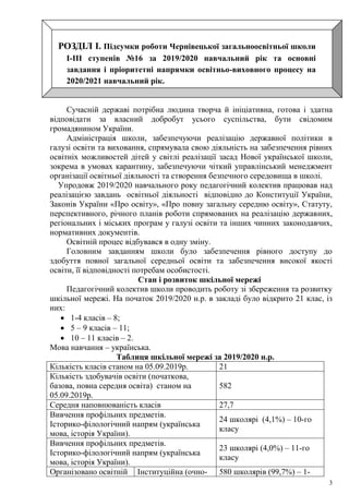 3
РОЗДІЛ І. Підсумки роботи Чернівецької загальноосвітньої школи
І-ІІІ ступенів №16 за 2019/2020 навчальний рік та основні
завдання і пріоритетні напрямки освітньо-виховного процесу на
2020/2021 навчальний рік.
Сучасній державі потрібна людина творча й ініціативна, готова і здатна
відповідати за власний добробут усього суспільства, бути свідомим
громадянином України.
Адміністрація школи, забезпечуючи реалізацію державної політики в
галузі освіти та виховання, спрямувала свою діяльність на забезпечення рівних
освітніх можливостей дітей у світлі реалізації засад Нової української школи,
зокрема в умовах карантину, забезпечуючи чіткий управлінський менеджмент
організації освітньої діяльності та створення безпечного середовища в школі.
Упродовж 2019/2020 навчального року педагогічний колектив працював над
реалізацією завдань освітньої діяльності відповідно до Конституції України,
Законів України «Про освіту», «Про повну загальну середню освіту», Статуту,
перспективного, річного планів роботи спрямованих на реалізацію державних,
регіональних і міських програм у галузі освіти та інших чинних законодавчих,
нормативних документів.
Освітній процес відбувався в одну зміну.
Головним завданням школи було забезпечення рівного доступу до
здобуття повної загальної середньої освіти та забезпечення високої якості
освіти, її відповідності потребам особистості.
Стан і розвиток шкільної мережі
Педагогічний колектив школи проводить роботу зі збереження та розвитку
шкільної мережі. На початок 2019/2020 н.р. в закладі було відкрито 21 клас, із
них:
 1-4 класів – 8;
 5 – 9 класів – 11;
 10 – 11 класів – 2.
Мова навчання – українська.
Таблиця шкільної мережі за 2019/2020 н.р.
Кількість класів станом на 05.09.2019р. 21
Кількість здобувачів освіти (початкова,
базова, повна середня освіта) станом на
05.09.2019р.
582
Середня наповнюваність класів 27,7
Вивчення профільних предметів.
Історико-філологічний напрям (українська
мова, історія України).
24 школярі (4,1%) – 10-го
класу
Вивчення профільних предметів.
Історико-філологічний напрям (українська
мова, історія України).
23 школярі (4,0%) – 11-го
класу
Організовано освітній Інституційна (очно- 580 школярів (99,7%) – 1-
 