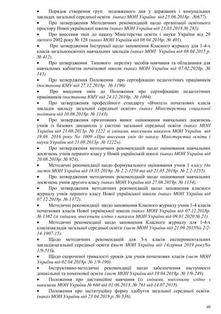 40
 Порядок створення груп подовженого дня у державних і комунальних
закладах загальної середньої освіти (наказ МОН України від 25.06.2018р. №677).
 Про затвердження Методичних рекомендацій щодо організації освітнього
простору Нової української школи (наказ МОН України від 23.03.2018 № 283).
 Про внесення змін до наказу Міністерства освіти і науки України від 20
лютого 2002 року № 128 (наказ МОН України від 08.04.2016р. № 401).
 Про затвердження Інструкції щодо заповнення Класного журналу для 1-4-х
класів загальноосвітніх навчальних закладів (наказ МОН України від 08.04.2015 р.
№ 412).
 Про затвердження Типового переліку засобів навчання та обладнання для
навчальних кабінетів початкової школи (наказ МОН України від 07.02.2020р. №
143)
 Про затвердження Положення про сертифікацію педагогічних працівників
(постанова КМУ від 27.12.2018р. № 1190)
 Про внесення змін до Положення про сертифікацію педагогічних
працівників (постанова КМУ від 24.12.2019р. № 1094)
 Про затвердження професійного стандарту «Вчитель початкових класів
закладів закладу загальної середньої освіти» (наказ Міністерстіва соціальної
політики від 10.08.2018р. № 1143).
 Про затвердження орієнтовних вимог оцінювання навчальних досягнень
учнів із базових дисциплін у системі загальної середньої освіти (наказ МОН
України від 21.08.2013р. № 1222 зі змінами, внесеними наказом МОН України від
19.08. 2016 року No 1009 «Про внесення змін до наказу Міністерства освіти і
науки України від 21.08.2013р. № 1222»).
 Про затвердження методичних рекомендацій щодо оцінювання навчальних
досягнень учнів першого класу у Новій українській школі (наказ МОН України від
20.08.2018р. № 924).
 Методичні рекомендації щодо формувального оцінювання учнів 1 класу (до
листів МОН України від 18.05.2018р. № 2.2-1250 та від 21.05.2018р. № 2.2-1255).
 Про затвердження методичних рекомендацій щодо оцінювання навчальних
досягнень учнів другого класу (наказ МОН України від 27.08.2019р. № 1154).
 Про затвердження методичних рекомендацій щодо заповнення класного
журналу учнів першого класу Нової української школи (наказ МОН України від
07.12.2018р. № 1372).
 Методичні рекомендації щодо заповнення Класного журналу учнів 1-4 класів
початкових класів Нової української школи (наказ МОН України від 07.12.2018р.
№ 1362 (зі змінами, внесеними згідно з наказом МОН України від 09.01.2020 № 21).
 Методичні рекомендації щодо заповнення Класного журналу для 1-4-х
класівзакладів загальної середньої освіти (лист МОН України від 21.09.2015No 2/2-
14-1907-15).
 Щодо методичних рекомендацій для 3-х класів експериментальних
закладівзагальної середньої освіти (лист МОН України від 14серпня 2019 рокуNo
1/9-513).
 Щодо скороченої тривалості уроків для учнів початкових класів (лист МОН
України від 02.04.2018р. № 1/9-190).
 Інструктивно-методичні рекомендації щодо забезпечення наступності
дошкільної та початкової освіти (лист МОН України від 19.04.2018р. № 1/9-249).
 Положення про дистанційне навчання (із змінами, внесеними згідно з
наказами МОН України № 660 від 01.06.2013, № 761 від 14.07.2015).
 Положення про інституційну форму здобуття загальної середньої освіти.
(наказ МОН України від 23.04.2019 р. № 536).
 