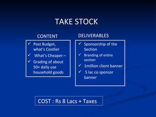 TAKE STOCK  Post Budget, what’s Costlier What’s Cheaper –  Grading of about 50+ daily use household goods Sponsorship of the Section  Branding of entire section 1million client banner 5 lac co sponsor banner CONTENT DELIVERABLES COST : Rs 8 Lacs + Taxes 