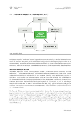 MINISTERSTWO
ENERGII
16 wrzesień 2016
Plan Rozwoju
Elektromobilności w Polsce
administracjaprzemysł
instytucje
finansowe
NGO’S
nauka
Plan proponuje podział zadań, który zapewni ciągłość finansowania dla innowacji w obszarze elektromobilności.
Ważne dla powstania ekosystemu jest także stworzenie sprzyjającego otoczenia regulacyjnego, co należy do za-
dań administracji. Wyzwaniem dla administracji będzie odnalezienie się w roli uczestnika tworzącego się rynku
oraz dialog z mieszkańcami, który jest warunkiem wzrostu akceptacji społecznej dla rozwoju elektromobilności.
Koordynacja działań w czasie
Warunkiem powiązania rozwoju elektromobilności Polaków z rozwojem przemysłu i integracją pojazdów
elektrycznych z siecią elektroenergetyczną jest odpowiednie zaprogramowanie procesu w czasie. Podsta-
wowy dylemat polegający na przesądzeniu na co w pierwszej kolejności należy wydatkować środki (na in-
frastrukturę czy na rozwój rynku pojazdów) nie ma jednoznacznego rozstrzygnięcia. Zbyt szybkie stworze-
nie rynku pojazdów poprzez rozbudowany system zachęt może spowodować zniechęcenie pierwszych użyt-
kowników faktem braku odpowiedniej infrastruktury ładowania. W efekcie może utrwalić się postrzeganie
pojazdu elektrycznego jako nie w pełni funkcjonalnego. Z drugiej strony nadmierna koncentracja na infra-
strukturze bez rozwoju rynku pojazdów wymusza angażowanie dużych środków w przedsięwzięcie deficyto-
we w pierwszym okresie.
Plan Rozwoju Elektromobilności przewiduje działania, które stworzą algorytm optymalizujący i ogranicza-
jący rozmieszczanie infrastruktury do tzw. miejsc krytycznych, tj. tam gdzie brak punków ładowania bę-
dzie zmniejszał funkcjonalność pojazdu elektrycznego. W praktyce punkt ciężkości zostanie położony na
infrastrukturę w dużych aglomeracjach i wzdłuż transeuropejskich korytarzy transportowych przebiega-
jących przez obszar Polski. Równolegle Plan proponuje narzędzia rozwoju rynku pojazdów elektrycznych,
które doprowadzą do wzrostu ilości pojazdów elektrycznych, w momencie gdy gotowa będzie istotna
część infrastruktury.
RYS. 5	 Elementy ekosystemu elektromobilności
Źródło: Opracowanie własne.
PRZEMYSŁ
ELEKTRO-
MOBILNOŚCI
 