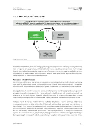 17
Plan Rozwoju
Elektromobilności w Polsce
MINISTERSTWO
ENERGII
wrzesień 2016
Dodatkowym czynnikiem, który został wzięty pod uwagę przy proponowaniu sekwencji działań jest koniecz-
ność powiązania rozwoju przemysłu elektromobilności i rynku pojazdów z rozwojem sieci elektroenerge-
tycznej. Zachęty do zakupu pojazdów zostaną zintensyfikowane w momencie, gdy przemysł będzie w stanie
odpowiedzieć na wygenerowany przez instrumenty wsparcia popyt, a sieć będzie w stanie obsłużyć rosnące
zapotrzebowanie na energię do ładowania pojazdów.
Wzorcowa rola administracji
Administracja publiczna ma w projekcie rozwoju elektromobilności podwójną rolę. Z jednej strony koordy-
nuje całość przedsięwzięcia, dbając o odpowiednie tempo zmian w poszczególnych sferach. Z drugiej jest
odbiorcą zmian, do których impuls generuje, korzystając z tworzącego się rynku infrastruktury i pojazdów.
Ze względu na skalę przedsięwzięcia oraz rozproszenie kompetencji koordynacja projektu wymaga współ-
pracy pomiędzy administracją centralną i samorządową. Przykład krajów, w których elektromobilność roz-
wija się od lat (Norwegia, Niemcy, Holandia), pokazuje, że impulsy do rozwoju rynku są wynikiem zarówno
długofalowej polityki gospodarczo-środowiskowej rządów, jak również odpowiedzią na potrzeby lokalne.
W Polsce impuls do rozwoju elektromobilności wychodził dotychczas z poziomu lokalnego. Wybrane sa-
morządy decydując się na zakup autobusów elektrycznych lub rozważając systemy car-sharingu oparte na
samochodach elektrycznych, kierowały się głównie potrzebą poprawy jakości powietrza, chęcią obniżenia
poziomu hałasu czy koniecznością systematycznego podnoszenia standardu usługi przewozu pasażerów.
Nie bez znaczenia był również aspekt wizerunkowy. Częściowa wymiana floty na elektryczną odzwierciedla
dążenie do unowocześniania się, a tym samym przyciąga inwestorów i turystów. Ze względu na istniejące
bariery samorządy nie rozważały jednak, poza nielicznymi wyjątkami (Warszawa, Kraków, Jaworzno, Zielona
RYS. 6 	Synchronizacja działań
Źródło: Opracowanie własne.
Zachęty do zakupu pojazdów zostaną zintensyfikowane w momencie,
gdy przemysł będzie w stanie odpowiedzieć na wygenerowany przez instrumenty wsparcia popyt,
a sieć będzie w stanie obsłużyć rosnące zapotrzebowanie na energię do ładowania pojazdów.
ROZWÓJ
PRZEMYSŁU
ELEKTROMOBILNOŚCI
ROZWÓJ
RYNKU
POJAZDÓW
rozbudowa
sieci
energetycznej
 