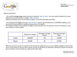 Plan de trabajo
                                                                                                     Salud 2.0. Redes sociales e internet
                                                                                                     Análisis previo




Algunas conclusiones:

   - Por medio de Google Insight, observamos que la expresión “dolor de cabeza” es la más usada en Andalucía y con gran
   diferencia de los otros términos a analizar: cefalea o migraña.
   Debemos puntualizar que el uso de “dolor de cabeza” no es sólo el del objeto del análisis.

   - En la búsqueda de Google, vemos que “dolor de cabeza” aparece, aproximadamente, en 6.870.000 resultados y ya, en
   los primeros puestos, aparecen resultados relacionados con la migraña.
   No realizamos análisis en los resultados de Blogs y noticias porque al ser una expresión común se introducen un usos
   que no afectan a nuestro análisis.



                                                              Búsqueda en Google        Búsqueda en Google
                                    Búsqueda en Google
                                                                   Noticias                   Blogs

                 Cefalea                 2,020,000                    124                     453,000

                Migraña                   556,000                      82                     617,000


   Observamos que la creación de entradas en herramientas de publicación con un cariz ciudadano (blogs) es mucho mayor
   que en el de noticias, lo que nos lleva a pensar que hay una demanda de información, además, de creación de ésta por
   parte de distintos sectores (enfermos y laboratorios, sobre todo)
                                                                                                            Fátima Ramírez Cerrato
                                                                                                            http://about.me/mernissi
 