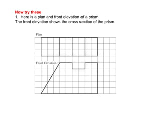 Now try these
1. Here is a plan and front elevation of a prism.
The front elevation shows the cross section of the prism.
 