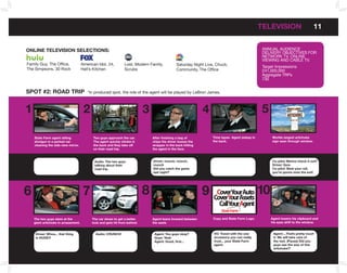 TELEVISIon                             11


onLInE TELEVISIon SELECTIonS:                                                                                                                                 ANNuAL AuDIENCE
                                                                                                                                                              DELIVERY OBJECTIVES FOR
                                                                                                                                                              NETWORK TV, ONLINE
                                                                                                                                                              VIEWING AND CABLE TV.
Family Guy, The Office,               American Idol, 24,            Lost, Modern Family,             Saturday Night Live, Chuck,                              Target Impressions
The Simpsons, 30 Rock                 Hell’s Kitchen                Scrubs                           Community, The Office                                    241,000,000
                                                                                                                                                              Aggregate TRPs
                                                                                                                                                              730


SPoT #2: RoAD TRIP                       *In produced spot, the role of the agent will be played by LeBron James.
1.                                       2.                               3.                              4.                                                    5.


1
1.
                                       2 2.
                                                                                3
                                                                                3.
                                                                                                                      4
                                                                                                                      4.
                                                                                                                                                              5 5.
                                                                                                                                                                         Artichoke Sign
                                                                                                                                                                         Artichoke Sign

     State Farm agent sitting                 Two guys approach the car.              After nishing a bag of chips          Time lapes - Agent asleep in             Worlds largest artichoke sign
     shotgun in a parked car -                The agent quickly climbs in            the driver tosses the wrapper          the back                                 seen through window.
     State farm agent sitting
     State Farm agent sitting
     cleaning the side view mirror.           Twoback unnoticed the car.
                                                   guys approach the car.
                                              the guys approach and they             After finishing the agent in
                                                                                     After nishing a a bag of
                                                                                     in back, hitting bag of chips          Time lapes - Agent asleep in in
                                                                                                                            Time lapse- Agent asleep                 Worlds largest artichoke
                                                                                                                                                                     Worlds largest artichoke sign
     shotgun in aa parked car
     shotgun in parked car -                  The agent quickly climbs in in
                                              The agent quickly climbs
                                              take o down the road.                  chips the tosses the wrapper
                                                                                     the driver driver tosses the
                                                                                          face                              the back.
                                                                                                                            the back                                 sign seen through window.
                                                                                                                                                                     seen through window.
     cleaning the side view mirror.
     cleaning the side view mirror.           the back unnoticed and they
                                              the back and they take off             wrapper in thethe agent in
                                                                                     in back, hitting back hitting
                                              on theirdown the road.
                                              take o road trip.                      the face in the face.
                                                                                     the agent

     Audio: Agent humming.                     Audio: Mu ed conversation             Audio: munch, munch munch...           Audio: Agent snoring.                    Co-pilot: Wanna check it out?
                                               between the two guys talking
                                                Audio: The two guys                  Driver: Did you catch the game
                                                                                      Driver: munch, munch,                                                          Driver: Sure.
                                                                                                                                                                     Co-pilot: Wanna check it out?
     Audio: Agent humming.                     Audio: thier road trip.
                                               about Mu ed conversation
                                                talking about their                  Audio: munch, munch munch...
                                                                                     last night?
                                                                                      munch                                 Audio: Agent snoring.                    Co-pilot:Sure your roll, you’re
                                                                                                                                                                     Driver: Wanna check it out?
                                                                                                                                                                               Slow
                                               between the two guys talking
                                                road trip.                           Driver: Did you catchgame
                                                                                      Did you catch the the game                                                     Driver: Sure. the exit roll,
                                                                                                                                                                     gonna miss
                                                                                                                                                                     Co-pilot: Slow your
                                               about thier road trip.                last night?
                                                                                      last night?                                                                    Co-pilot: Slow your roll, you’re
                                                                                                                                                                     you’re gonna miss the exit!
                                                                                                                                                                     gonna miss the exit




6
6.
6.                                     7
                                         7.
                                         7.
                                                      Car Crash
                                                                                8
                                                                                8.
                                                                                8.                                    9 CoverYourAssets 10
                                                                                                                       9.
                                                                                                                      9. CoverYourAuto
                                                                                                                                                               10.
                                                                                                                                                               10.

                                                      Car Crash                                                                  CallYourAgent
     The two stare at the giant
      The two guys stare at the               The car slowsto get a a better
                                                The car slows to get better          Agent leans forward between
                                                                                     Agent leans forward between            Copy and State farm Logo.
                                                                                                                            Copy and State Fram Logo                 Agent lowershis clipboard and
                                                                                                                                                                      Agent lowers his clipboard and
     giant artichoke in amazement.
      artichoke in amazement.                 look and gets hit from behind.
                                                lookand gets hit from behind.        the seats and begins
                                                                                     the seats                                                                       his eyes slowlyto the window.
                                                                                                                                                                      his eyes shift shift to the
     The two stare at the giant                The car slows to get a better         Agent leans forward between
                                                                                     explaining what to do                  Copy and State Fram Logo                 Agent lowers his clipboard and
                                                                                                                                                                      window
     artichoke in amazement.                   lookand gets hit from behind.         the seats and begins                                                            his eyes slowly shift to the
      Driver: Whoa... that thing                  Audio: CRUnCH!                      Agent: You guys okay?
                                                                                     explaining what to do                   Vo: Travel with the one                   Agent:...That’s pretty much
                                                                                                                                                                     window
      is HUGE!!!                                                                      Guys: Yeah                             accessory you can really                  it. We will take care of
      Driver: Whoa...that thing is             Audio: CRUNCH!                        Agent: You guys first...
                                                                                      Agent: Good, okay?                    VO: Travel withState farm
                                                                                                                             trust... your the one                     the rest. (Pause) Did you
                                                                                                                                                                      Agent: ...That’s pretty much it,
      HUGE!!                                                                         Guys: Yeah                              agent.
                                                                                                                            accessory you can really trust,            guys see the size of this
                                                                                                                                                                      Sate Farm agents will take care
     Driver: Whoa...that thing is              Audio: CRUNCH!                        Agent: You guys okay?
                                                                                            Good, rst...                    VO: Travel with the one
                                                                                                                            your State Farm agent.                     artichoke!?
                                                                                                                                                                      Agent:rest. (pause) Did you it,
                                                                                                                                                                      of the ...That’s pretty much
     HUGE!!                                                                          Guys: Yeah                             accessory you can really trust,           Sate Farm agents of this care
                                                                                                                                                                      guys see the size will take
                                                                                     Agent: Good, rst...                    your State Farm agent.                    of the rest. (pause) Did you
                                                                                                                                                                      artichoke?
                                                                                                                                                                      guys see the size of this
                                                                                                                                                                      artichoke?
 