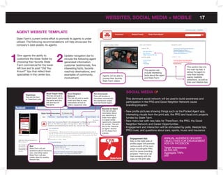 ar.    3. After nishing a bag of chips                     4. Time lapes - Lebron asleep                   5. Worlds largest artichoke
e      the driver tosses the wrapper                       in the back                                     sign seen through window.
n      in back, hitting Lebron in the
       face                                                                                                 WEbSITES, SoCIAL MEDIA + MobILE                                                                            17
                                                                                                           Co-pilot: Wanna check it out?
n      Driver: Did you catch the game                                                                      Driver: Sure.
ng     last night?                                                                                         Co-pilot: Slow your roll, you’re
       AGEnT WEbSITE TEMPLATE                                                                              gonna miss the exit

       State Farm’s current online effort to promote its agents is under
       utilized. The following recommendations will help showcase the
       company’s best assets, its agents:
                                                                                                                                                 ABOUT ME


                                                                                                                                                   My Specialties




       1                                              2
                                                                                                                                                   My Hobbies

           Give agentsleaning to
              Agent the ability                                    End Card
                                                               update navigation bar to
                                                                                                                                                   What I Can Do For You

                                                                                                                                                 S TAT E FA R M                  JOHN’S TIPS


              forward
           customize the lower footer by                       include the following agent                                                         Environment                     Favorite Road Trip Destinations
           choosing their favorite State                       generated information:                                                              Safety
                                                                                                                                                   Coverage
                                                                                                                                                                                   Favorite Portland Destinations
                                                                                                                                                                                   Helpful Hints
           Farm commercial for the lower                       customer testimonials, five
                                                                                                                                                                                                         This section ties into
           left box and to post “Did You                       interesting facts, favorite                                                                                                               the road trip feel. It
                                                                                                                                                     This section will
           Know?” tips that reflect their                      road trip destinations, and                                                           include interesting                                 allows the agent to
           specialties in the center box.                      examples of community                    Agents will be lowers his                    facts about the agent                               note their favorite
 ter   8. Lebron leans forward                             9. Copy and State Fram Logo                    10. Lebron able to                                                                             wacky roadside
                                                               involvement.                             choose their favorite                        and State Farm.
nd.    between the seats and begins                                                                       clipboardand his eyes slowly
                                                                                                        State Farm videos.
                                                                                                                                                                                                         attractions, as well as
       explaining what to do                                                                               shift to the window                                                                           their own lifestyle tips.


       Lebron: You guys okay?                              VO: Travel with the one                           Lebron: ...That’s pretty much it,
       Guys: Yeah                                          accessory you can really trust,
                                         Road Trippin’ Rally      Good neighbor                fan Downloads
                                                                                                                                    SoCIAL MEDIA
                                                                                                             Sate Farm agents will take care
       Lebron: Good, rst...
                ThereTown                This tab will postyour State Farm agent.
                                                           a      network                                    of the rest. (pause) Did you
                                                                                               Fans will be able to
                  This will link fans    leader board, link to   This tab will post a leader   download commercials, the size of this dominant social network will be used to build awareness and
                                                                                                             guys see               This
                  to ThereTown.com       the game and give       board and step by step                      artichoke?
                                                                                               the dashboard widget
                                         info and tips on        instructions of how to        and the Pocket Agent.                participation in the PRG and Good Neighbor Network cause
                                         the game.               enter a cause and vote.                                          branding program.
                                                                                                        become an Agent
                                                                                                        This tab will give        New profile pictures showing things such as the Pocket Agent app,
                                                                                                        information about
                                                                                                        why becoming a            interesting visuals from the print ads, the PRG and local civic projects
                                                                                                        State Farm agent          funded by State Farm.
                                                                                                        is a great career
                                                                                                        opportunity, especially
                                                                                                                                  New menu bar with new tabs for ThereTown, the PRG, the Good
                                                                                                        for women. This will      Neighbor Network and Career Opportunities
                                                                                                        link to the “become
                                                                                                        an agent” section
                                                                                                                                  Engagement and interaction will be stimulated by polls, lifestyle tips,
                                                                                                        on the State Farm         PRG clues, and questions about cars, sports, music and insurance.
                                                                                                        website.


                                                                                                                                     Engagement Ads                        ANNuAL AuDIENCE DELIVERY
                                                                                                                                     Ads on the right side of              OBJECTIVES FOR ENGAGEMENT
                                                                                                                                     profile pages will promote            ADS ON FACEBOOK
                      Wall                                                                                                           various parts of the cam-
                      State Farm will ask                                                                                            paign includingthe PRG                Target Impressions
                      questions about insurance,                                                                                     and the cause branding                66,000,000
                      cars, and other topics.
                                                                                                                                     program. Here is an ad                Aggregate TRPs
                      State Farm will also                                                                                                                                 200
                      create value by posting                                                                                        that connects with the
                      lifestyle tips.                                                                                                copy on the print ads.
 