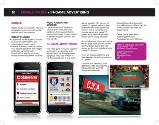 18          MobILE MEDIA + In-GAME ADVERTISInG


MobILE                                                                  AUTo nAVIGATIon                                              games regularly. Fifty percent of      Console titles: Gran Turismo 5,
                                                                        DEVICES                                                      casual PC gamers and more than         Forza Motorsport 3, Mario Kart Wii,
Mobile media is now broken into four                                    utilize Garmin GPS Navigation                                60 percent of mobile gamers are        Burnout Series and Need for
sub-platforms, two of which will be                                     Devices and Ford’s new Sync                                  women. Online connections to           Speed Series
used for the CYA campaign.                                              platform with integrated lifestyle                           console games and casual PC
                                                                        tips and sponsored “insider places”                          games are a great way to relate        Online casual game sites:
SMART PHonES                                                            in addition to agent locations and                           State Farm to young adults.            Addictinggames.com,
 Expand the Pocket Agent to include                                     pop-up ads.39                                                                                       Popcapgames.com, iWon.com
 involvement with the PRG and                                                                                                        Action/adventure, sports and racing
 internal agent locator maps.                                           In-GAME ADVERTISInG                                          are the three most popular console
                                                                                                                                                                            ANNuAL AuDIENCE DELIVERY
 Develop a series of road trip inspired                                                                                              gaming genres. Board and card          OBJECTIVES FOR
 Four Square objectives with badges                                     The video game consumer segment                              games are the most popular among       IN-GAME ADVERTISING
 and prizes earned through                                              continues to grow rapidly, with                              casual PC gamers.
                                                                                                                                                                            Target Impressions
“Check-Ins” at specific brick and                                       women being the fastest growing                                                                     79,700,000
 mortar promotional partner locations.                                  subgroup. Sixty-four percent of                              There are multiple platforms and       Aggregate TRPs
                                                                        18-25 year olds own or play video                            titles selected for both console and   242
                                                                                                                                     PC games.

                                                                                                                                     Consoles and networks: xbox
                                                                                                                                     360 (xbox LIVE), Nintendo Wii
                                                                                                                                     (Nintendo Wi-Fi) and PS3
                                                                                                                                     (PlayStation Network)



                                                                                                                          76°
                                                                                                                          partly
                                                                                                                          cloudy



                                                             76°
                                                                                                            21
                                                             partly                                         $
                                                             cloudy




                                               21
                                               $



                                                                            Your Status
               Your Status
               You’ve reached
               the Ball of Twine.
                                                            65  MPH
                                                                            You’ve reached
                                                                            the Ball of Twine.
                                                                                                                         65  MPH




                         You’ve received the ball of twine badge.

                                                                                      You’ve received the ball of twine badge.
               Ball of      Binoculars   Shotgun   Cuckoo   Navigator
               Twine                      Rider     Clock




                                                                            Ball of      Binoculars   Shotgun   Cuckoo   Navigator
                                                                            Twine                      Rider     Clock
 