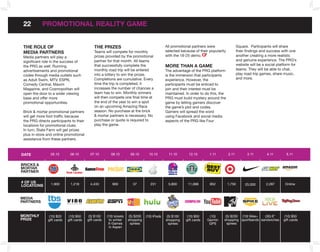 22         PRoMoTIonAL REALITY GAME


 THE RoLE of                                  THE PRIzES                                       All promotional partners were                 Square. Participants will share
 MEDIA PARTnERS                               Teams will compete for monthly                   selected because of their popularity          their findings and success with one
 Media partners will play a                   prizes provided by the promotional               with the 18-25 demo.                          another creating a more realistic
 significant role in the success of           partner for that month. All teams                                                              and genuine experience. The PRG’s
 the PRG as well. Running                     that successfully complete the                   MoRE THAn A GAME                              website will be a social platform for
 advertisements and promotional               monthly road trip will be entered                The advantage of the PRG platform             teams. They will be able to chat,
 codes through media outlets such             into a lottery to win the prizes.                is the immersion that participants            play road trip games, share music,
 as Adult Swim, MTV, ESPN,                    Completions are cumulative. Every                experience. However, the                      and more.
 Comedy Central, Maxim                        time the trip is completed, it                   participants must be enticed to
 Magazine, and Cosmopolitan will              increases the number of chances a                join and their interest must be
 open the door to a wider viewing             team has to win. Monthly winners                 maintained. In order to do this, the
 base and offer more                          will then compete one final time at              PRG must build mystery around the
 promotional opportunities.                   the end of the year to win a spot                game by letting gamers discover
                                              on an upcoming Amazing Race                      the game’s plot and codes.
 Brick & mortar promotional partners          season. No purchase at the brick                 Gamers will spread the word
 will get more foot traffic because           & mortar partners is necessary. No               using Facebook and social media
 the PRG directs participants to their        purchase or quote is required to                 aspects of the PRG like Four
 locations for promotional clues.             play the game.
 In turn, State Farm will get prizes
 plus in-store and online promotional
 assistance from these partners.



DATE             05.10        06.10         07.10        08.10         09.10        10.10        11.10       12.10       1.11         2.11         3.11         4.11        5.11


bRICkS &
MoRTAR
PARTnER

# of US          1,900        1,218         4,433         900            37          231        5,800       11,068       852          1,750                    2,287       Online
LoCATIonS                                                                                                                                         25,000



MEDIA
PARTnERS                     MAGAZINE




MonTHLY          (10) $20     (10) $50     (3) $100    (10) tickets    (5) $200   (10) iPods    (5) $100    (10) $50     (10)      (5) $200 (10) Nike+  (30) 6”            (10) $50
PRIzE           gift cards   gift cards   gift cards    to winter     shopping                 shopping    gift cards   Garmin    shopping sportbands sandwiches          gift cards
                                                        x-Games         sprees                   sprees                  GPS        sprees
                                                        in Aspen
 