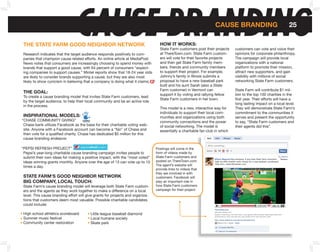 CAUSE BRANDING
 THE STATE fARM GooD nEIGHboR nETWoRk                                              HoW IT WoRkS:
                                                                                                                     CAUSE bRAnDInG


                                                                                   State Farm customers post their projects
                                                                                                                                                                 25


                                                                                                                                customers can vote and voice their
 Research indicates that the target audience responds positively to com-           at ThereTown.com. State Farm custom-         opinions for corporate philanthropy.
 panies that champion cause related efforts. An online article at MediaPost        ers will vote for their favorite projects    The campaign will provide local
 News notes that consumers are increasingly choosing to spend money with           and then get State Farm family mem-          organizations with a national
 brands that support a good cause, with 64 percent of consumers “expect-           bers, friends and community members          platform to promote their mission,
 ing companies to support causes.” Mintel reports show that 18-24 year olds        to support their project. For example,       attract new supporters, and gain
 are likely to consider brands supporting a cause, but they are also most          Johnny’s family in Illinois submits a        visibility with millions of social
 likely to show cynicism in believing that a company is doing what it claims.      proposal to have a new baseball park         networking State Farm customers.
                                                                                   built and his aunt Sarah (also a State
                                                                                   Farm customer) in Vermont can                State Farm will contribute $1 mil-
 THE GoAL:
                                                                                   support it by voting and rallying fellow     lion to the top 100 charities in the
 To create a cause branding model that invites State Farm customers, lead
                                                                                   State Farm customers in her town.            first year. Their efforts will have a
 by the target audience, to help their local community and be an active role
                                                                                                                                long lasting impact on a local level.
 in the process.
                                                                                   This model is a new, interactive way for     They will demonstrate State Farm’s
                                                                                   individuals to support their local com-      commitment to the communities it
 InSPIRATIonAL MoDELS:                                                             munities and organizations using both        serves and present the opportunity
“CHASE COMMuNITY GIVING”                                                           community connections and the power          to say, “State Farm customers and
 Chase bank utilizes Facebook as the base for their charitable voting web-         of social networking. The model is           their agents did this”.
 site. Anyone with a Facebook account can become a “fan” of Chase and              essentially a charitable fan club in which
 then vote for a qualified charity. Chase has dedicated $5 million for this
 cause branding endeavor.

“PEPSI REFRESH PROJECT”                                                          Postings will come in the
 Pepsi’s year-long charitable cause branding campaign invites people to          form of videos made by
 submit their own ideas for making a positive impact, with the “most voted”      State Farm customers and
 ideas winning grants monthly. Anyone over the age of 13 can vote up to 10       posted on ThereTown.com.
 times a day.                                                                    The agent’s website will
                                                                                 provide links to videos that
                                                                                 they are involved in with
 STATE fARM’S GooD nEIGHboR nETWoRk                                              customers. Facebook will
 bIG CoMPAnY, LoCAL ToUCH:                                                       play an important role in
 State Farm’s cause branding model will leverage both State Farm custom-         how State Farm customers
 ers and the agents as they work together to make a difference on a local        campaign for their project.
 level. This cause branding effort will give grants for projects and organiza-
 tions that customers deem most valuable. Possible charitable candidates
 could include:

 High school athletics scoreboard         Little league baseball diamond
 Summer music festival                    Local humane society
 Community center restoration             Skate park
 