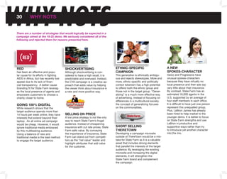 WHY NOTS
30          WHY noTS


There are a number of strategies that would logically be expected in a
campaign aimed at the 18-25 demo. We seriously considered all of the
                                                                                                                                          WHY noTS



following and rejected them for reasons presented here.




 RED                                     SHoCkVERTISInG                          ETHnIC-SPECIfIC                             A nEW
 has been an effective and popu-         Although shockvertising is con-         CAMPAIGn                                    SPokES-CHARACTER
 lar cause for its efforts in fighting   sidered to have a high recall, it is    This generation is ethnically ambigu-       Geico and Progressive have
 AIDS in Africa, but has recently lost   predictable and overused. Instead,      ous and rejects stereotypes. More and       unusual spokes-characters
 appeal due to its lack of finan-        the CYA campaign is a creative ap-      more, ethnic-specific and politically       because they have virtually no
 cial transparency. A better cause       proach that adds value by helping       correct tokenism has a high potential       local presence and their ads say
 branding fit for State Farm leverag-    the viewer think about insurance in     to offend both the ethnic group and         very little about their insurance.
 es the local presence of agents and     a new and more positive way.            those not in the target group. “Gener-      By contrast, State Farm has an
 empowers customers to choose a                                                  alizing” is a much more effective way       estimated 16,000 agents in the
 charity closer to home.                                                         of advertising. Instead of focusing on      u.S. supported by an average of
                                                                                 differences in a multicultural society,     four staff members in each office.
 GoInG 100% DIGITAL                                                              the concept of generalizing focuses         It is difficult to have just one person
 While research shows that the                                                   on the commonalities.                       represent this unequalled group.
 target audience spends more than                                                                                            Plus, LeBron James has already
 14 hours per week online, they have     SELLInG on PRICE                                                                    been hired to help market to the
 interests that extend beyond their      A low price strategy is not the only                                                younger demo. It is better to focus
 laptop. An all online ad campaign       way to reach State Farm’s frugal                                                    on State Farm strengths and use
 would be cheap. However, it would       audience. Instead of cheapening                                                     LeBron in productive and
 ignore traditional media embraced       insurance with cut rate prices, State   SHoRT SELLInG                               supportive ways rather than try
 by this multitasking audience.          Farm sells value. By conveying          THEREToWn                                   to introduce yet another character
 using a balance of new and              the importance of insurance, State      Developing a campaign microsite             into the mix.
 traditional media is the best method    Farm can stand out from competi-        outside of ThereTown would be a mis-
 to engage the target audience.          tors as the “net value” leader and      take for State Farm as it is a valuable
                                         highlight attributes that add value     asset that includes strong elements
                                         for the customer.                       that parallel the interests of the target
                                                                                 audience. By leveraging the existing
                                                                                 microsite and increasing the digital
                                                                                 elements, it will strengthen the
                                                                                 State Farm brand and complement
                                                                                 the campaign.
 