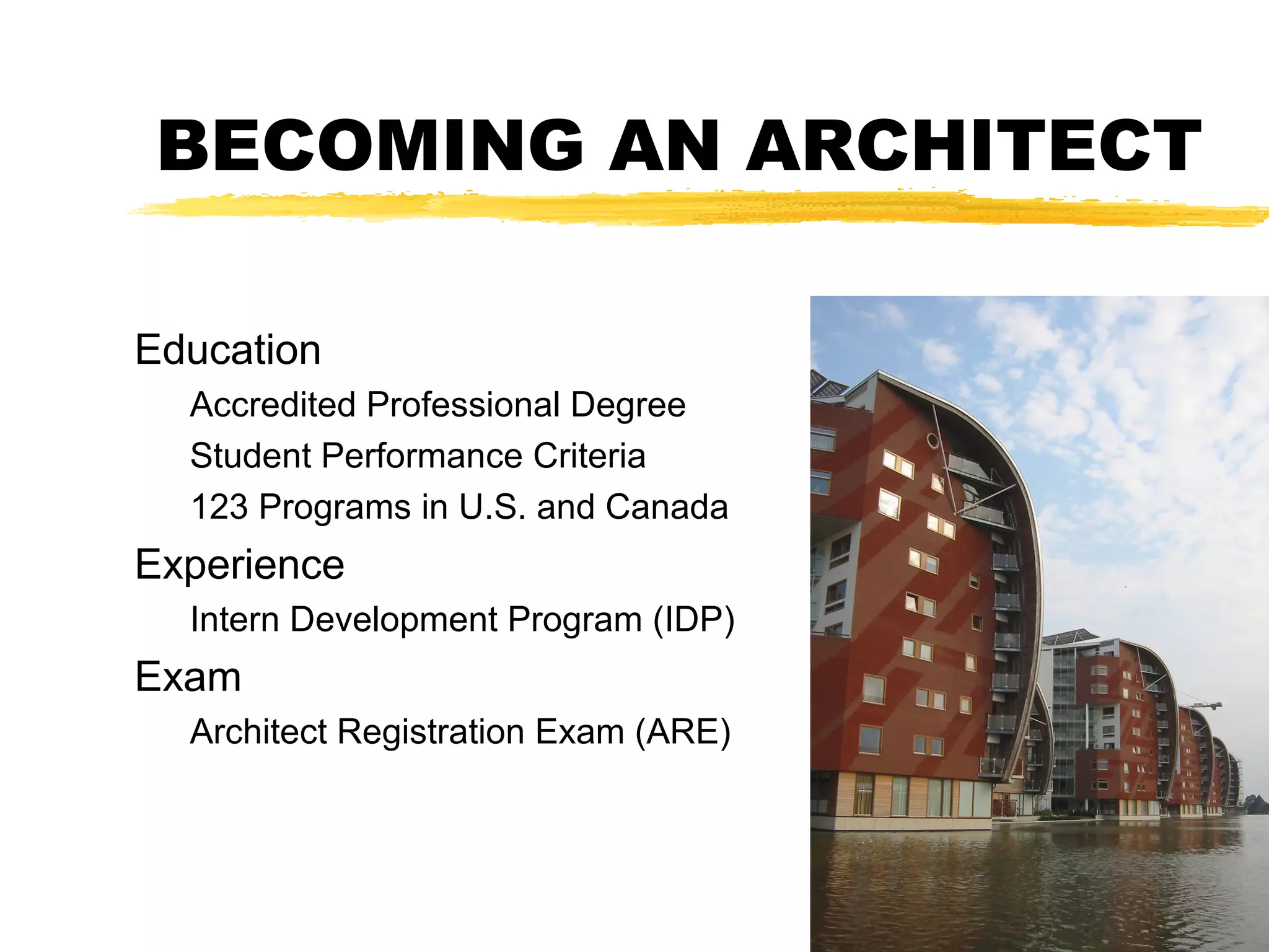 BECOMING AN ARCHITECT
Education
Accredited Professional Degree
Student Performance Criteria
123 Programs in U.S. and Canada
Experience
Intern Development Program (IDP)
Exam
Architect Registration Exam (ARE)
 