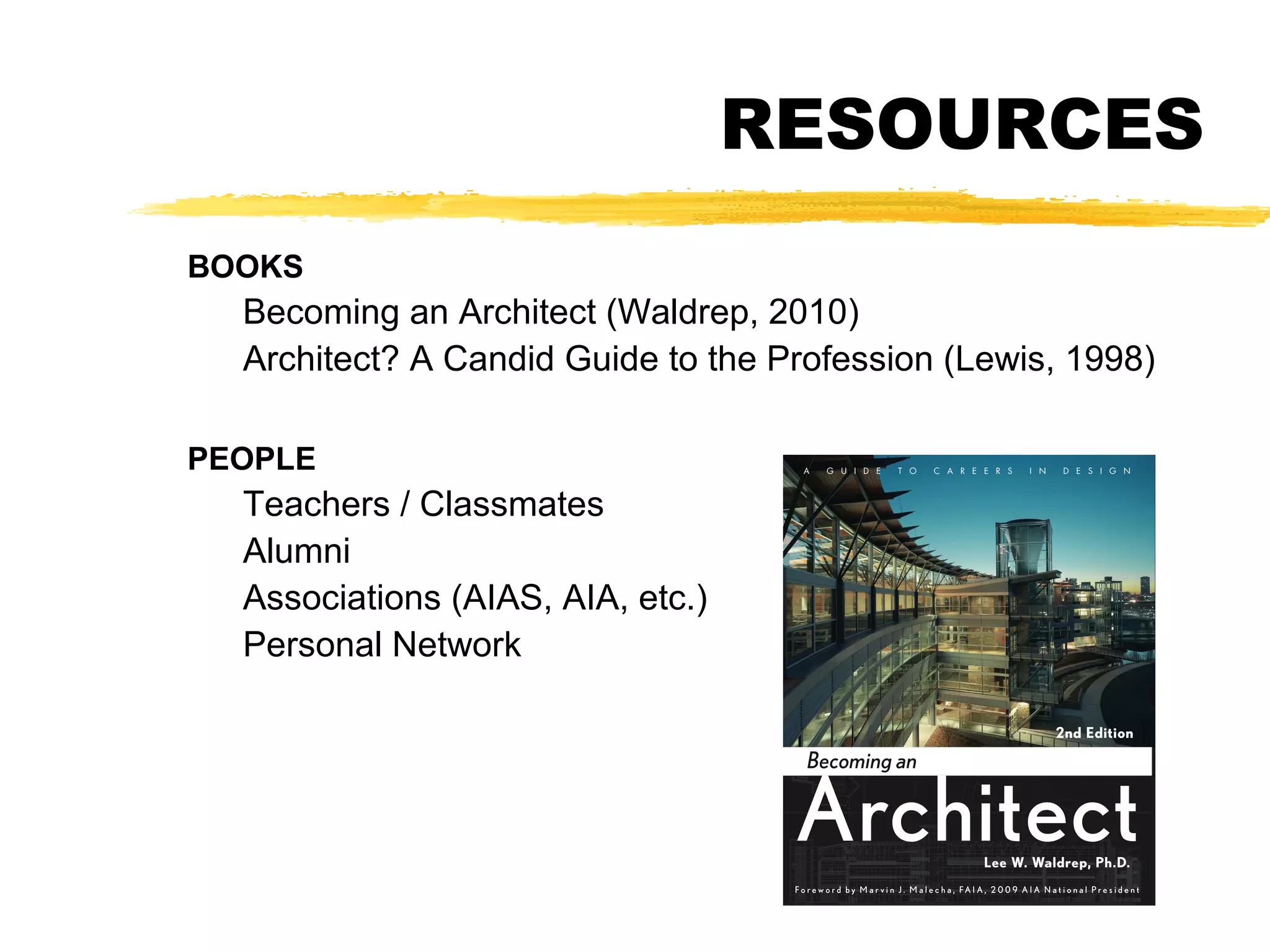 RESOURCES
BOOKS
Becoming an Architect (Waldrep, 2010)
Architect? A Candid Guide to the Profession (Lewis, 1998)
PEOPLE
Teachers / Classmates
Alumni
Associations (AIAS, AIA, etc.)
Personal Network
 