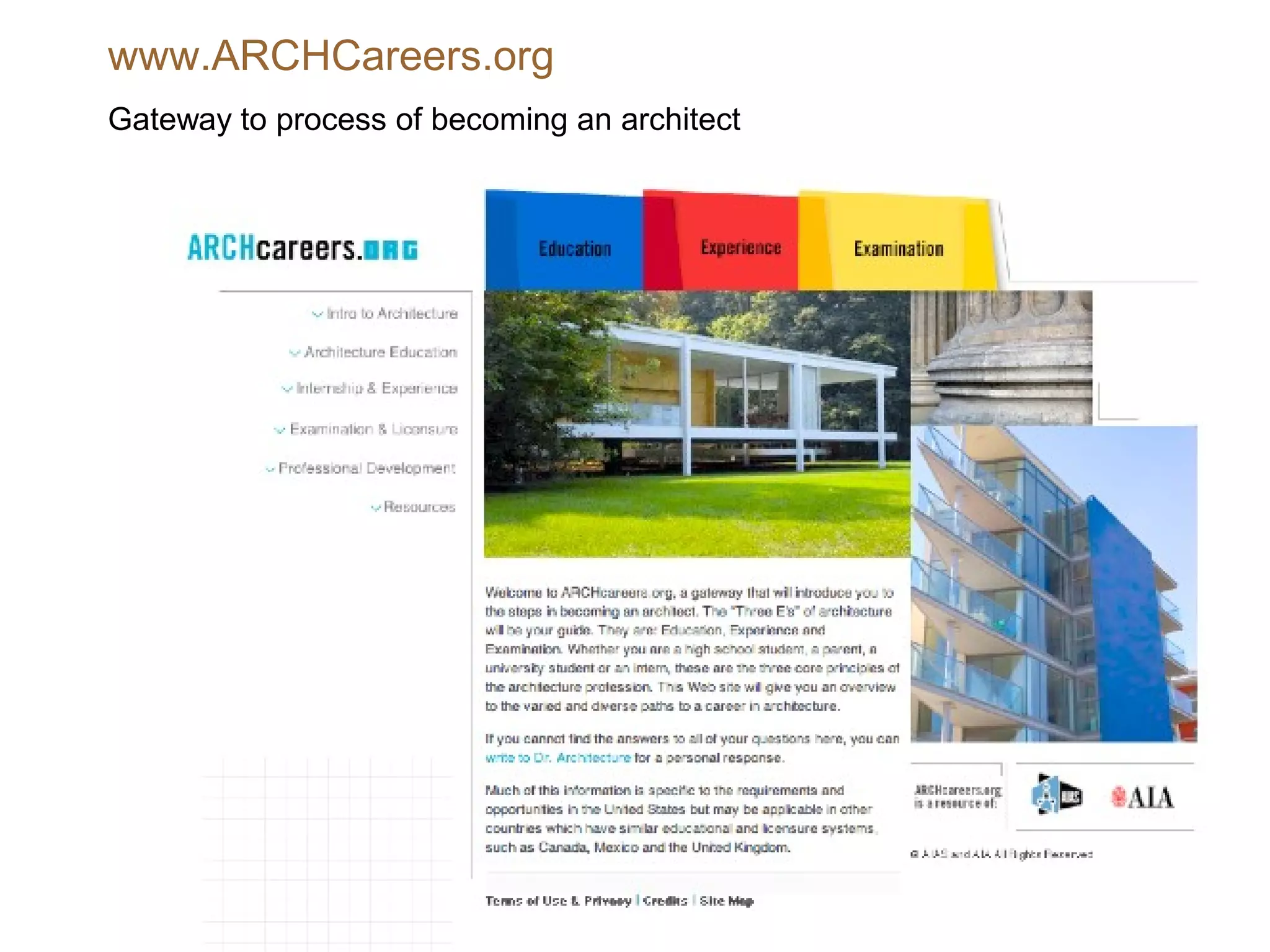 www.ARCHCareers.org
Gateway to process of becoming an architect
 