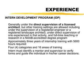EXPERIENCE
INTERN DEVELOPMENT PROGRAM (IDP)
Generally under the direct supervision of a licensed
architect, but other training settings are allowed including
under the supervision of a registered engineer or a
registered landscape architect, under direct supervision of
one experienced in that activity, and full-time teaching or
research in a NAAB-accredited degree program
Approximately three years of internship training with 5600
hours required
Four (4) categories and 16 areas of training
Intern must identify a mentor and supervisor to verify
forms and guide the individual in his/her career decisions.
 