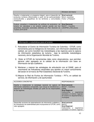 43
Ministerio del Interior
Diseñar e implementar un programa integral para el desarrollo de
productos turísticos diferenciados a partir de las particularidades
socioculturales y geográficas de los territorios y comunidades
receptoras.
Nivel nacional:
Mincit (coordina)
Fontur y Proexport
Evaluar, actualizar e implementar las políticas de ecoturismo, de
turismo de naturaleza y de turismo cultural, acorde con los
propósitos nacionales sectoriales definidos por Plan Sectorial de
Turismo 2014-2018
Nivel Nacional:
MinCIT – Coordina
(UESPNN y Mincultura)
Información y estadísticas para el turismo
7. Robustecer al Centro de Información Turística de Colombia - CITUR, como
herramienta para la inteligencia de mercados, con información estadística de
calidad, así como transferir las metodologías a las regiones para la captura
de información estadística de turismo, bajo la sombrilla metodológica
nacional y de la Organización Mundial de Turismo.
8. Dotar al CITUR de herramientas tales como observatorios, que permitan
generar valor agregado en la calidad de la información con base en
información de tipo cualitativo.
9. Mantener y mejorar las estrategias de articulación con el DANE, para el
crecimiento de indicadores sectoriales que aporten un mayor conocimiento
del sector en el marco de Plan Estadístico Sectorial de Turismo.
10.Mejorar la Red de Puntos de Información Turística – PIT’s, en calidad de
servicio, de información y de oportunidad.
ACCIONES CONCRETAS RESPONSABLES
Diseñar e implementar la estrategia nacional de captura de
información estadística comparable, que incluya la transferencia y
adopción de metodologías oficiales por parte de los responsables
en las regiones.
Nivel nacional:
MinCIT – Coordina
DANE
Nivel Regional:
Instituciones y organismos
asociados al turismo regional.
de turismo en departamentos y
municipios.
Desarrollar acciones de sistematización de información cualitativa y
de indicadores de sostenibilidad para incorporarlos al CITUR, como
valor agregado.
Nivel nacional:
MinCIT
Nivel Regional:
Instituciones y organismos
asociados al turismo regional.
 