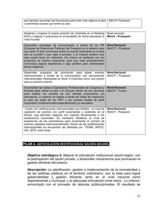 55
que decidan aumentar las frecuencias para traer más viajeros al país
o aerolíneas nuevas que entren al país.
MinCIT-Proexport
Sostener y mejorar la buena posición de Colombia en el Ranking
ICCA y mejorar 2 posiciones en el escalafón de dicha asociación a
nivel mundial
Nivel nacional:
Mincit – Proexport
Desarrollar estrategia de comunicación a través de los PR
(Empresa de Relaciones Publicas) de Proexport en el exterior para
que cada 15 días comunique sobre un evento importante en el país
que ya sucedió o que vaya a suceder, y el impacto positivo que
este puede tener en Colombia. Asi mismo se realizaría con los
productos de turismo vacacional, para que cada producto/nicho
comunique alguna experiencia o algo positivo para contrarrestar
temas negativos.
Nivel Nacional:
MinCIT – Proexport
Desarrollar programa de promoción para atraer eventos
internacionales a través de la comunicación con asociaciones
internacionales interesadas en tener a Colombia como una opción
para su próximo evento.
Nivel Nacional:
MinCIT – Proexport
Incrementar las visitas a Operadores Profesionales de Congresos y
Eventos para validar el país y lo incluyan dentro de sus opciones
para realizar los eventos de sus clientes corporativos y/o
asociativos. Lo anterior se realiza a través de visitas de inspección
al país por parte de los OPC y las cuentas finales de perfil
corporativo (multinacionales especialmente) y/o asociativo
Nivel Nacional:
MinCIT – Fontur
Contar con certificaciones internacionales que faciliten un nivel de
captación de eventos con perfil ascendente y sostenido en el
tiempo, que permitan negociar con mejores herramientas a los
empresarios nacionales. Es necesario fortalecer el nivel de
experiencia de los colombianos para incrementar el número de
eventos captados internacionalmente. Dentro de las certificaciones
internacionales se encuentran las ofrecidas por PCMA, IAPCO,
CIC, SITE, entre otras.
Nivel Nacional:
MinCIT - Proexport
PILAR 4. ARTICULACIÓN INSTITUCIONAL NACIÓN-REGIÓN.
Objetivo estratégico 4: Mejorar la articulación institucional nación-región, con
la participación del sector privado, y desarrollar mecanismos que promuevan la
gestión eficiente del turismo.
Descripción: La planificación, gestión e implementación de la normatividad y
de las políticas públicas en el territorio colombiano, son la base para lograr
gobernabilidad y gestión eficiente, tanto en el nivel nacional como
departamental y municipal, y la adecuada articulación entre éstos. Lo anterior,
armonizado con el concepto de alianzas público/privadas. El resultado se
 