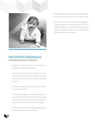 •	 Apoyar la creación de mesas municipales de prime-
                                                                   ra infancia, asesorar el proceso y participar en ellas.


                                                                 •	 Las instituciones de Educación Superior diseñarán
                                                                   e implementarán procesos de formación, en los ni-
                                                                   veles de diplomado y especialización en atención
                                                                   integral a la primera infancia que respondan a las
                                                                   particularidades de cada región.




     Encuentros Regionales
     Principales propuestas y compromisos


       •	 Socializar y hacer seguimiento a los lineamientos
         pedagógicos de educación inicial.


       •	 Hacer seguimiento y control al proceso de ase-
         guramiento de la calidad de la educación inicial
         en el marco de una atención integral a la primera
         infancia.


       •	 Promover la articulación de la educación inicial con
         el nivel de preescolar.


       •	 Coordinar la articulación e implementación de un
         sistema regional de acompañamiento continuo y de
         formación de los agentes educativos para la educa-
         ción inicial en el marco de una atención integral.


       •	 Impulsar la adopción de una política pública para la
         atención integral a la primera infancia.


20
 
