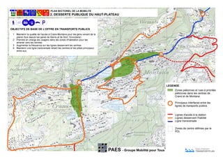 PAES - Groupe Mobilité pour Tous TRANSPORTPLAN
Zones piétonnes et rues à priorités
piétonnes dans les centres de
Crans et de Montana
OBJECTIFS DE BASE DE L'OFFRE EN TRANSPORTS PUBLICS
Principaux interfaces entre les
lignes de transports publics
Lignes d'accès à la station
Lignes desservant l'habitat
Ligne transversale
Zones de centre définies par le
PDI.
 