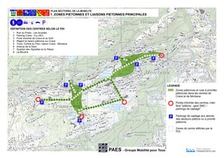 PAES - Groupe Mobilité pour Tous TRANSPORTPLAN
Zones piétonnes et rues à priorités
piétonnes dans les centres de
Crans et de Montana
DEFINITION DES CENTRES SELON LE PDI
Portes d'entrée des centres; inter-
face "piétons - gare SMC /
parkings de captage"
Parkings de captage aux abords
des secteurs piétons ou à priorité
piétonne.
Zones de centre définies par le
PDI.
 
