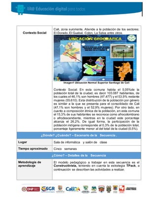 Contexto Social
Cali, zona suroriente. Atiende a la población de los sectores:
El Dorado, El Guabal, Colon, La Selva entre otros.
Imagen1 Ubicación Normal Superior Santiago de Cali
Contexto Social: En esta comuna habita el 5,05%de la
población total de la ciudad, es decir 103.087 habitantes, de
los cuales el 46,1% son hombres (47.477) y el 53,9% restante
mujeres (55.610). Esta distribución de la población por género
es similar a la que se presenta para el consolidado de Cali
(47,1% son hombres y el 52,9% mujeres). Por otro lado, en
cuanto a composición étnica de la población, en esta comuna
el 15,3% de sus habitantes se reconoce como afrocolombiano
o afrodescendiente, mientras en la ciudad este porcentaje
alcanza el 26,2%. De igual forma, la participación de la
población indígena corresponde al 0,3% de la población total,
porcentaje ligeramente menor al del total de la ciudad (0,5%).
¿Dónde? ¿Cuándo? – Escenario de la Secuencia .
Lugar Sala de informática y salón de clase
Tiempo aproximado Cinco semanas
¿Cómo? – Detalles de la Secuencia
Metodología de
aprendizaje
El modelo pedagógico a trabajar en esta secuencia es el
Constructivista, teniendo en cuenta la estrategia TPack, a
continuación se describen las actividades a realizar.
 