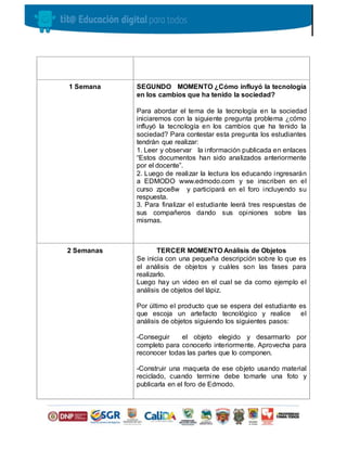 1 Semana SEGUNDO MOMENTO ¿Cómo influyó la tecnología
en los cambios que ha tenido la sociedad?
Para abordar el tema de la tecnología en la sociedad
iniciaremos con la siguiente pregunta problema ¿cómo
influyó la tecnología en los cambios que ha tenido la
sociedad? Para contestar esta pregunta los estudiantes
tendrán que realizar:
1. Leer y observar la información publicada en enlaces
“Estos documentos han sido analizados anteriormente
por el docente”.
2. Luego de realizar la lectura los educando ingresarán
a EDMODO www.edmodo.com y se inscriben en el
curso zpce8w y participará en el foro incluyendo su
respuesta.
3. Para finalizar el estudiante leerá tres respuestas de
sus compañeros dando sus opiniones sobre las
mismas.
2 Semanas TERCER MOMENTO Análisis de Objetos
Se inicia con una pequeña descripción sobre lo que es
el análisis de objetos y cuáles son las fases para
realizarlo.
Luego hay un video en el cual se da como ejemplo el
análisis de objetos del lápiz.
Por último el producto que se espera del estudiante es
que escoja un artefacto tecnológico y realice el
análisis de objetos siguiendo los siguientes pasos:
-Conseguir el objeto elegido y desarmarlo por
completo para conocerlo interiormente. Aprovecha para
reconocer todas las partes que lo componen.
-Construir una maqueta de ese objeto usando material
reciclado, cuando termine debe tomarle una foto y
publicarla en el foro de Edmodo.
 