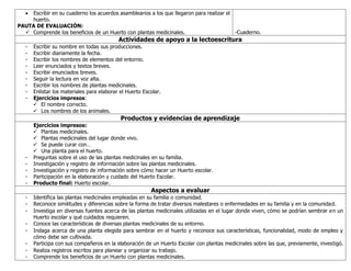 • Escribir en su cuaderno los acuerdos asamblearios a los que llegaron para realizar el
huerto.
PAUTA DE EVALUACIÓN:
✓ Comprende los beneficios de un Huerto con plantas medicinales. -Cuaderno.
Actividades de apoyo a la lectoescritura
- Escribir su nombre en todas sus producciones.
- Escribir diariamente la fecha.
- Escribir los nombres de elementos del entorno.
- Leer enunciados y textos breves.
- Escribir enunciados breves.
- Seguir la lectura en voz alta.
- Escribir los nombres de plantas medicinales.
- Enlistar los materiales para elaborar el Huerto Escolar.
- Ejercicios impresos:
✓ El nombre correcto.
✓ Los nombres de los animales.
Productos y evidencias de aprendizaje
Ejercicios impresos:
✓ Plantas medicinales.
✓ Plantas medicinales del lugar donde vivo.
✓ Se puede curar con…
✓ Una planta para el huerto.
- Preguntas sobre el uso de las plantas medicinales en su familia.
- Investigación y registro de información sobre las plantas medicinales.
- Investigación y registro de información sobre cómo hacer un Huerto escolar.
- Participación en la elaboración y cuidado del Huerto Escolar.
- Producto final: Huerto escolar.
Aspectos a evaluar
- Identifica las plantas medicinales empleadas en su familia o comunidad.
- Reconoce similitudes y diferencias sobre la forma de tratar diversos malestares o enfermedades en su familia y en la comunidad.
- Investiga en diversas fuentes acerca de las plantas medicinales utilizadas en el lugar donde viven, cómo se podrían sembrar en un
Huerto escolar y qué cuidados requieren.
- Conoce las características de diversas plantas medicinales de su entorno.
- Indaga acerca de una planta elegida para sembrar en el huerto y reconoce sus características, funcionalidad, modo de empleo y
cómo debe ser cultivada.
- Participa con sus compañeros en la elaboración de un Huerto Escolar con plantas medicinales sobre las que, previamente, investigó.
- Realiza registros escritos para planear y organizar su trabajo.
- Comprende los beneficios de un Huerto con plantas medicinales.
 