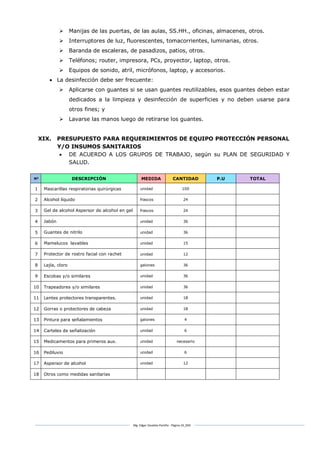 Mg. Edgar Zavaleta Portillo - Página 24_SDA
 Manijas de las puertas, de las aulas, SS.HH., oficinas, almacenes, otros.
 Interruptores de luz, fluorescentes, tomacorrientes, luminarias, otros.
 Baranda de escaleras, de pasadizos, patios, otros.
 Teléfonos; router, impresora, PCs, proyector, laptop, otros.
 Equipos de sonido, atril, micrófonos, laptop, y accesorios.
 La desinfección debe ser frecuente:
 Aplicarse con guantes si se usan guantes reutilizables, esos guantes deben estar
dedicados a la limpieza y desinfección de superficies y no deben usarse para
otros fines; y
 Lavarse las manos luego de retirarse los guantes.
XIX. PRESUPUESTO PARA REQUERIMIENTOS DE EQUIPO PROTECCIÓN PERSONAL
Y/O INSUMOS SANITARIOS
 DE ACUERDO A LOS GRUPOS DE TRABAJO, según su PLAN DE SEGURIDAD Y
SALUD.
Nº DESCRIPCIÓN MEDIDA CANTIDAD P.U TOTAL
1 Mascarillas respiratorias quirúrgicas unidad 100
2 Alcohol líquido frascos 24
3 Gel de alcohol Aspersor de alcohol en gel frascos 24
4 Jabón unidad 36
5 Guantes de nitrilo unidad 36
6 Mamelucos lavables unidad 15
7 Protector de rostro facial con rachet unidad 12
8 Lejía, cloro galones 36
9 Escobas y/o similares unidad 36
10 Trapeadores y/o similares unidad 36
11 Lentes protectores transparentes. unidad 18
12 Gorras o protectores de cabeza unidad 18
13 Pintura para señalamientos galones 4
14 Carteles de señalización unidad 6
15 Medicamentos para primeros aux. unidad necesario
16 Pediluvio unidad 6
17 Aspersor de alcohol unidad 12
18 Otros como medidas sanitarias
 