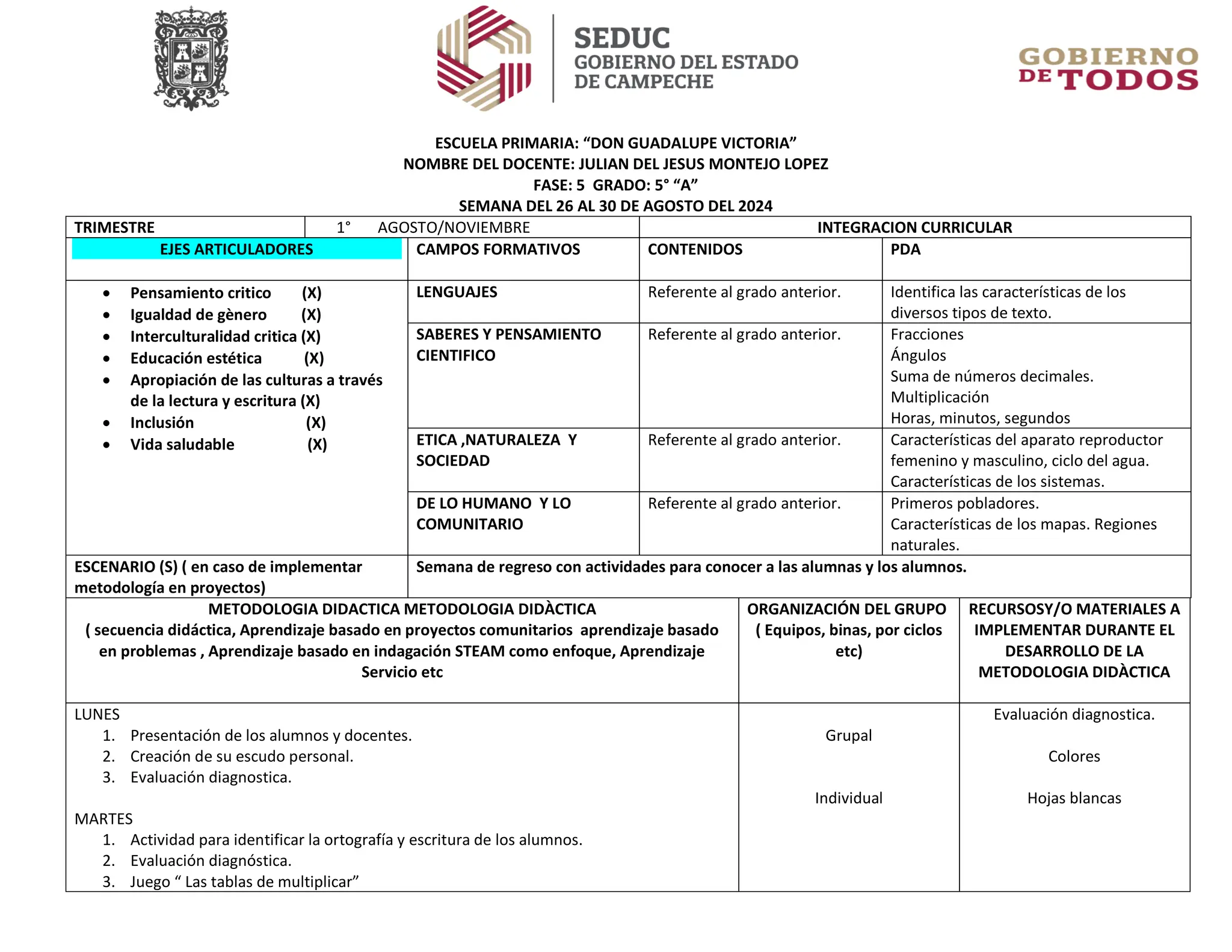 formato de planeacion de quinto grado de educacion primaria | PDF