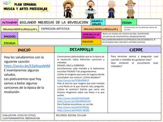 ACTIVIDAD: FECHA:
ORGANIZADORCURRICULAR 1 ORGANIZADORCURRICULAR 2
GRADO Y
GRUPO
DOCENTE:
ESCUELA:
APRENDIZAJE
ESPERADO:
ENFASIS:
EVALUACION: LISTAS DE COTEJO,
CUESTIONAMIENTOS. OBSERVACION
RECURSOS: BOCINA, CELULAR
INICIO DESARROLLO CIERRE
Para terminar vamos a preguntar cual
canción o melodía les gustaron mas?
Que sintieron al escucharon esas
melodías?
Familiarización con los elementos básicos de
las artes
EXPRESION ARTISTICA
REALIZARANMOVIMIENTOSEXPRESIVOSCON SUS MANOS AL IR
ESCUCHANDOUNA CANCIONO HISTORIACANTADA
PLAN semanal
Musica y artes preescolar
Comenzamos platicándoles que en la época de
la revolución había diferentes canciones y
melodías
POLKAS, VALS y CORRIDOS
Escucharemos cada melodía y la bailaremos
escuchan POLKAS Y les preguntaremos
¿Cómo te imaginas que eran los lugares donde
escuchaban esa música?, ¿Cómo bailaban?
https://youtu.be/FX58oIMWLYI
Pida al alumno que imagine que está invitado
a una fiesta en la que tocarán vals, pregunte:
¿Cómo te vestirías? Solicite que narre una
historia imaginaria sobre esa fiesta a la que
asistió.
https://youtu.be/6DFhAKFKqMI
https://youtu.be/2X9LMM5OrA4
Para finalizar escucharas un corrido
https://youtu.be/eHVtZl3MSdg
https://youtu.be/hlGtOv-QEQQ
Baila y se mueve con música variada, coordinando
secuencias de movimientos y desplazamientos
Hoy les saludaremos con la
siguiente canción
https://youtu.be/EZqIKayxN4M
E inventaremos algunos
saludos.
Les platicaremos que hoy
vamos a bailar algunas
canciones de la época de la
revolución
 