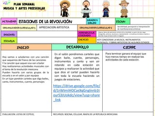ACTIVIDAD: FECHA:
ORGANIZADORCURRICULAR 1 ORGANIZADORCURRICULAR 2
GRADO Y
GRUPO
DOCENTE:
ESCUELA:
APRENDIZAJE
ESPERADO:
ENFASIS:
https://drive.google.com/file/
d/1rWtmIHOCzeXqGnglnnb1t
oyrS3JUokdc/view?usp=share
_link
EVALUACION: LISTAS DE COTEJO, RECURSOS: BOCINA, CELULAR, MAPA DE LA REPUBLICA MEXICANA
INICIO DESARROLLO CIERRE
Hoy vamos a saludarnos con una canción
que saquemos del frasco de las canciones
Y la canción que saquen esa van a bailar
Hoy realizaremos actividades musicales con
el tema de la revolución mexicana
Pueden hacerla con varios grupos de la
escuela o en el salón y por equipos
En un lujar pondrán carteles que diga bailes,
canto, instrumentos, cuento, personajes
Para terminar ganara el equipo que
hizo menos tiempo en realizar las
actividades de cada estación.
Observa obras del patrimonio artístico de su localidad, su país o de otro lugar
(fotografías, pinturas, esculturas y representación es escénicas de danza y teatro) y
describe lo que le hacen sentir e imaginar.
APRECIACION ARTISTICA
HOY CONOCERAN LA MUSICA, INSTRUMENTOS
MUSICALES, Y OBRAS ARTISTICAS DE ALGUNOS ESTADOS
PLAN semanal
Musica y artes preescolar
Sensibilidad, percepción e interpretación
de manifestacionesartísticas
Estaciones de la revolución
En el salón pondremos carteles que
digan baile, cuento, personajes,
instrumentos y canto y van air
rotando en cada estación en
equipos y realizaran la actividad que
que dice el cartel pueden hacerlo
con toda la escuela haciendo un
juegos de estaciones.
 