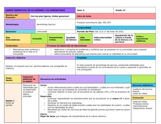 CAMPO FORMATIVO: DE LO HUMANO Y LO COMUNITARIO Fase: 5 Grado: 6°
Nombre del
Proyecto:
Con los pies ligeros, ¡todos ganamos! Libro de texto
Metodología: Aprendizaje Servicio
Proyecto comunitarios pág. 300-305
Temporalidad
Escenario: Comunidad Periodo del Plan: Del 13 al 17 de Enero de 2025.
Ejes
Articuladores:
Inclusión
Pensamiento
Crítico
Igualdad
de Género
Vida
Saludable
Interculturalidad
crítica
Apropiación de la
cultura a través
de la lectura y la
escritura
Artes y
expriencias
estéticas
Contenidos: Procesos de desarrollo de Aprendizaje:
• Alternativas ante conflictos y
problemas de la vida en la
comunidad.
• Reflexiona y comparte los problemas y conflictos que se presentan en su comunidad, para proponer
alternativas de solución viables.
• Valora propuestas de alternativas que plantea para valorar su viabilidad en su comunidad.
Intención didáctica Propósito
Realizar un proyecto que nos permita elaborar una coreografía en
colectivo.
En este proyecto de aprendizaje de servicio, practicarás habilidades para
expresarte a través de los movimientos de tu cuerpo y aplicarás lo aprendido en
una coreografía.
Fases
Sesión
Intención
didáctica de
la sesión
Secuencia de actividades
Sesión 1
Punto de
partida
Reconocer las
habilidades que
se desarrollan
al practicar
alguna
actividad.
Inicio:
• Iniciar reflexionando sobre ¿cuáles son sus habilidades?, ¿cuáles son sus limitantes?, ¿qué
hacer para que las limitantes se conviertan en fortalezas?
• Continuar leyendo el texto que se encuentra en las páginas 278 y 279 de proyectos de
aula.
Desarrollo:
• Continuar respondiendo los planteamientos que se encuentran en el anexo 17 a partir
de lo leído.
• Socializar en plenaria sus respuestas.
• Registrar en un cuadro de doble entrada ¿cuáles eran las habilidades de Lorena?, ¿cuáles
son las habilidades de ellos?
• Recolectar por medio de una lluvia de ideas los saberes previos que tienen sobre la cultura
raramuri.
Cierre:
Dejar de tarea que indaguen las características de la cultura raramuri.
Recursos didácticos
Cuaderno del alumno.
Anexos
Listas de cotejo
Evaluación
Listas de cotejo
*Trabajos diarios
*Participaciones
*Observación directa.
 