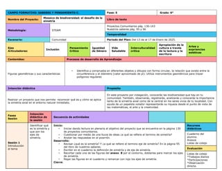 CAMPO FORMATIVO: SABERES Y PENSAMIENTO C. Fase: 5 Grado: 6°
Nombre del Proyecto:
Mosaico de biodiversidad: el desafío de la
simetría
Libro de texto
Metodología: STEAM
Proyectos Comunitarios pág. 130-143
Nuestros saberes pág. 95 y 96
Temporalidad
Escenario: Comunidad Periodo del Plan: Del 13 de al 17 de Enero de 2025.
Ejes
Articuladores:
Inclusión
Pensamiento
Crítico
Igualdad
de Género
Vida
Saludable
Interculturalidad
crítica
Apropiación de la
cultura a través
de la lectura y la
escritura
Artes y
expriencias
estéticas
Contenidos: Procesos de desarrollo de Aprendizaje:
Figuras geométricas y sus características
• Identifica y comprueba en diferentes objetos y dibujos con forma circular, la relación que existe entre la
circunferencia y el diámetro (valor aproximado de pi). Utiliza instrumentos geométricos para trazar
polígonos regulares
Intención didáctica Propósito
Realizar un proyecto que nos permita reconocer qué es y cómo se aplica
la simetría axial en el entorno natural inmediato.
En este proyecto por indagación, conocerás las biodiversidad que hay en tu
comunidad. También, observarás, registrarás, analizarás y conocerás la importancia
tanto de la simetría axial como de la central en los seres vivos de tu localidad. Con
ayuda de un papalote volador representarás su riqueza desde el punto de vista de
las matemáticas, el arte y la creatividad.
Fases
Sesión
Intención
didáctica de
la sesión
Secuencia de actividades
Sesión 1
Introducción
al tema
Identificar qué
es la simetría y
que son los
ejes de
simetría.
Inicio:
• Iniciar dando lectura en plenaria al objetivo del proyecto que se encuentra en la página 130
de proyectos comunitarios.
• Cuestionar por medio de una lluvia de ideas ¿a qué se refiere el termino de simetría?
• Anotar las respuestas en el pizarrón.
Desarrollo:
• Revisar ¿qué es la simetría? Y ¿a qué se refiere el termino eje de simetría? En la página 95
del libro de nuestros saberes.
• Escribir en el cuaderno la definición de simetría y de eje de simetría.
• Recortar cada una de las figuras del anexo 8 por el contorno, doblarlas para marcar los ejes
de simetría.
• Pegar las figuras en el cuaderno y remarcar con rojo los ejes de simetría.
Cierre:
Recursos
didácticos
Cuaderno del
alumno.
Anexos
Listas de cotejo
Evaluación
Listas de cotejo
*Trabajos diarios
*Participaciones
*Observación
directa.
 