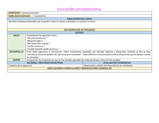 EDUCACIÓN SOCIOEMOCIONAL
DIMENSIÓN Autoconocimiento
HABILIDAD ASOCIADA Autoestima
INDICADORES DE LOGRO
Identifica fortalezas personales que le ayudan a estar en calma, a aprender y a convivir con otros.
SECUENCIA DE ACTIVIDADES
SESIÓN 1
INICIO Completarán las siguientes frases:
“Mi color favorito es…”
“Me gusta jugar a …”
“Me siento bien cuando…”
“Confío mucho en…”
“Cuando necesito ayuda recurro a…”
DESARROLLO Entre todos jugaremos a “caricaturas”. Hacer movimientos repetidos, por ejemplo, aplausos y chasquidos, mientras se dice la frase
“caricaturas presenta nombres de…personas que me ayudan”. Todos deberán ir mencionando nombres de personas que los apoyan cuando
los necesitan.
CIERRE Compartirán las situaciones en que se han sentido apoyados por estas personas y cómo les han ayudado.
MATERIAL Y RECURSOS DIDÁCTICOS EVALUACIÓN Y EVIDENCIAS
Cuaderno de la asignatura. Observación y análisis del desarrollo de las actividades.
ADECUACIONES CURRICULARES Y OBSERVACIONES GENERALES
 