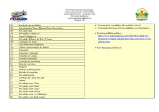 SECRETARIA MUNICIPAL DE EDUCAÇÃO
Praça das Palmeiras 492 - CEP 39.470-000
Telefone (38) 3613-1511- Fax (38) 3613-1429
CNPJ 18.283.101/0001-82
E-mail: smeitacarambi.mg@gmail.com
Itacarambi - MG
02 Resolução de atividades  Resolução de Atividades: Diversidade Cultural
 Exposição através de recursos didáticos ou tecnológicos.
Referências Bibliográficas:
https://www.tudosaladeaula.com/2022/08/atividade-de-
historia-diversidade-cultural-4ano-5ano-com-texto-e-com-
gabarito.html
Sites Pesquisas de Internet.
03 Apresentações/Teatro/Música/Dança/Seminários
04 Atividade oral
05 Atividades Avaliativas
0 6 Jogos Pedagógicos
07 Atividades Práticas de Artes Visuais
08 Confecção de Jogos
9 Caça-Palavras/Cruzadinhas
10 Leitura e Interpretação de Textos
11 Videoaula
12 Exposição Dialogada
13 Trabalho em Grupo
14 Trabalho Individual
15 Correção de Atividades
16 Roda de Conversa
17 Pesquisa
18 Dinâmicas/Brincadeiras
19 Revisão de conteúdo
20 Atividade escrita
21 Correção da Tarefa de Casa
22 Debate
23 Atividades com Filme
24 Atividades com Teatro
25 Atividades com Dança
26 Atividades com Música
27 Atividades com Livro Didático
28 Atividades com Audiovisual
 